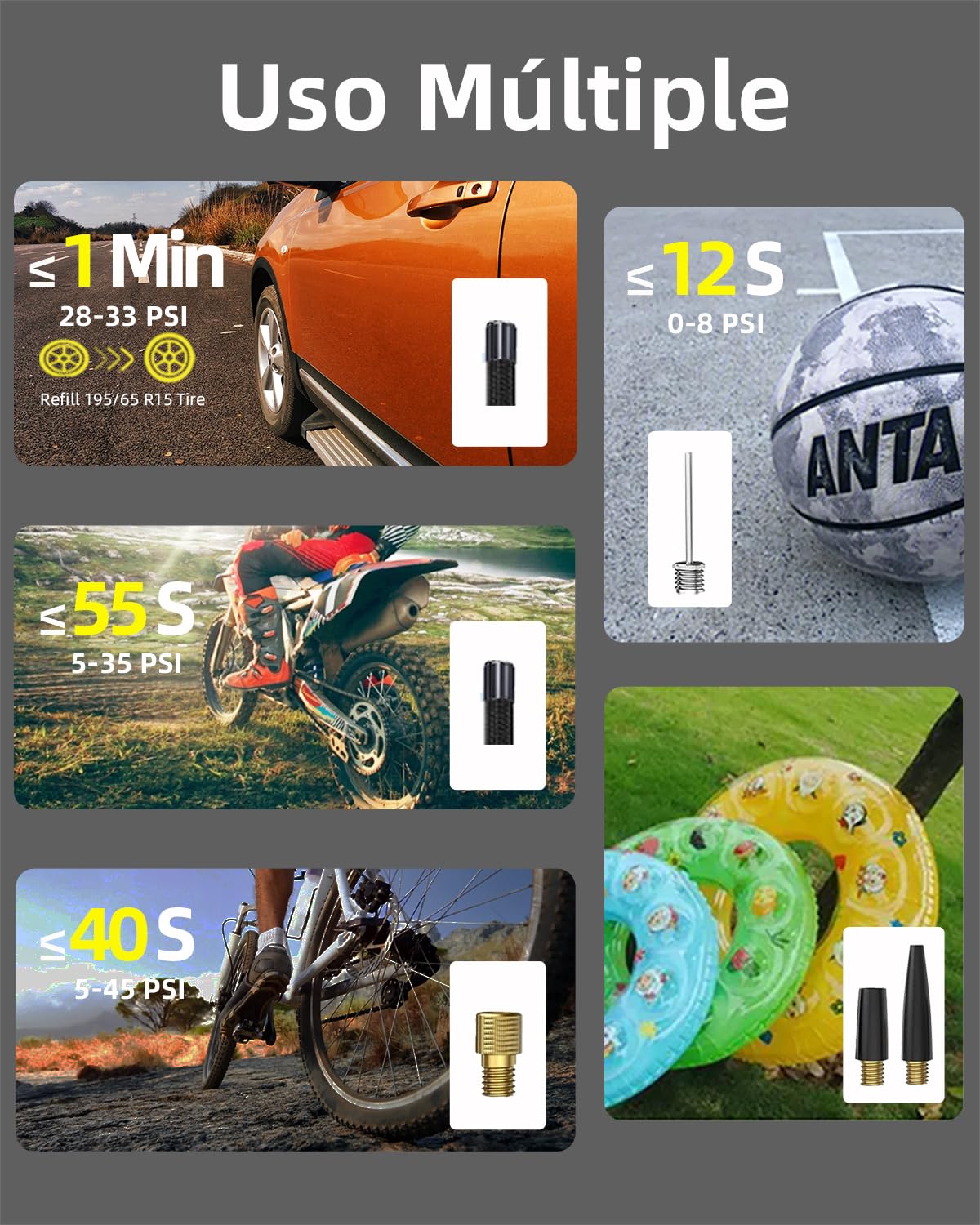 12000mAh Inflador Ruedas Coche- Velocidad 4X, 150PSI Mini Compresor Aire Portatil Bateria, Inflador Electrico Bicicleta para Válvula Schrader/Presta/Dunlop, 10Bar Hinchador Ruedas Moto/Bici/SUV