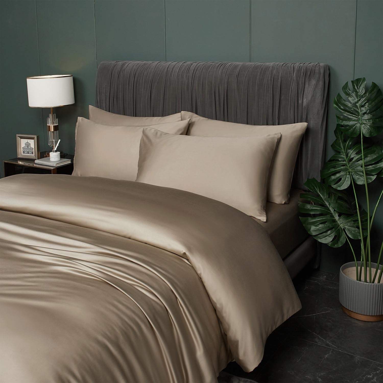 Biancheria da letto in bambù, 135 x 200 cm, colore oro, cachi, estate, inverno, rinfrescante, in fibra di bambù, lucida, set di biancheria da letto traspirante, in bambù, 2 pezzi, copripiumino 135