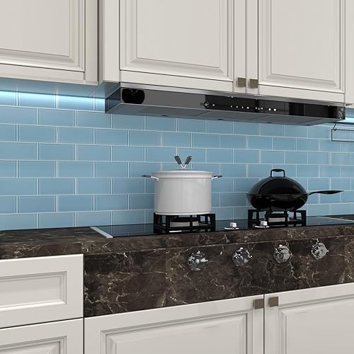 Vista 77 de Lovdeco Azulejo de cristal de metro, 3 x 6 pulgadas, 4 pies cuadrados, vidrio verde azulado oscuro para pared de baño y cocina, paquete de 32