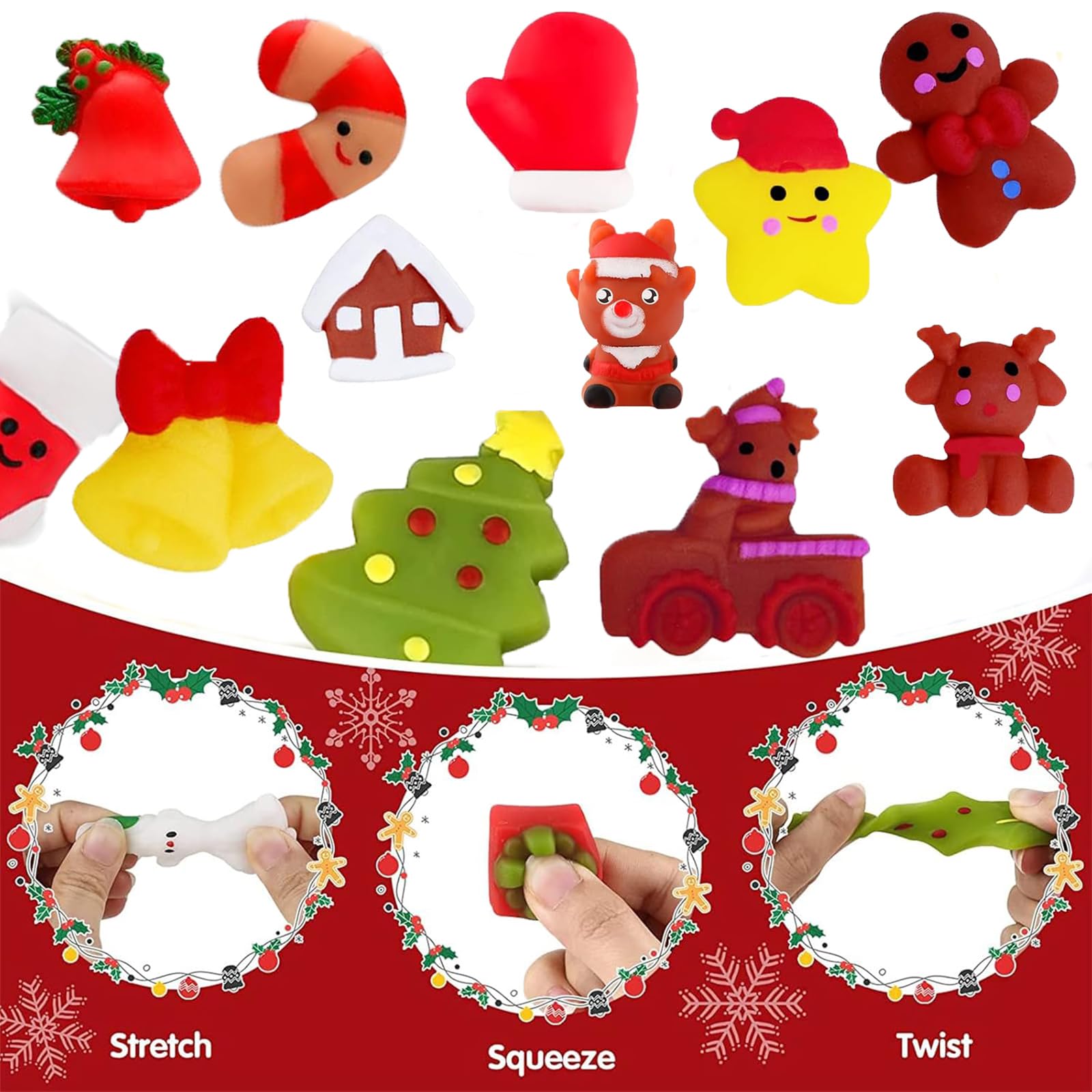 Christmas Mochi Squishy Toys,18Pcs Xmax Fidget Toys Stress Squeeze Toy for Kids Mini Kawaii Moji Squishies Soft Fidget Toy Pack for Xmas Party Bags Fillers Girls Boys Kids Treats Party Favors Gifts - Image 3