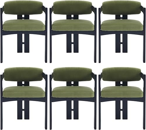 Juego de 6 sillas de comedor tapizadas con brazo y respaldo, cojín verde terciopelo, patas de madera negra