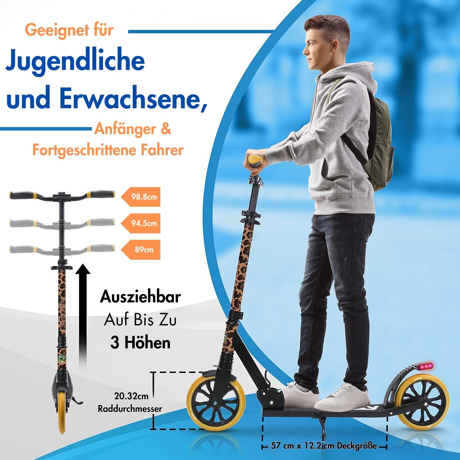 SereneLife Roller, Stabiler Cityroller, Höhenverstellbarer Big Wheel Scooter, Klappbar Inkl. Tragegurt, Ständer & Trittbremse, für Kinder & Erwachsene bis 100kg