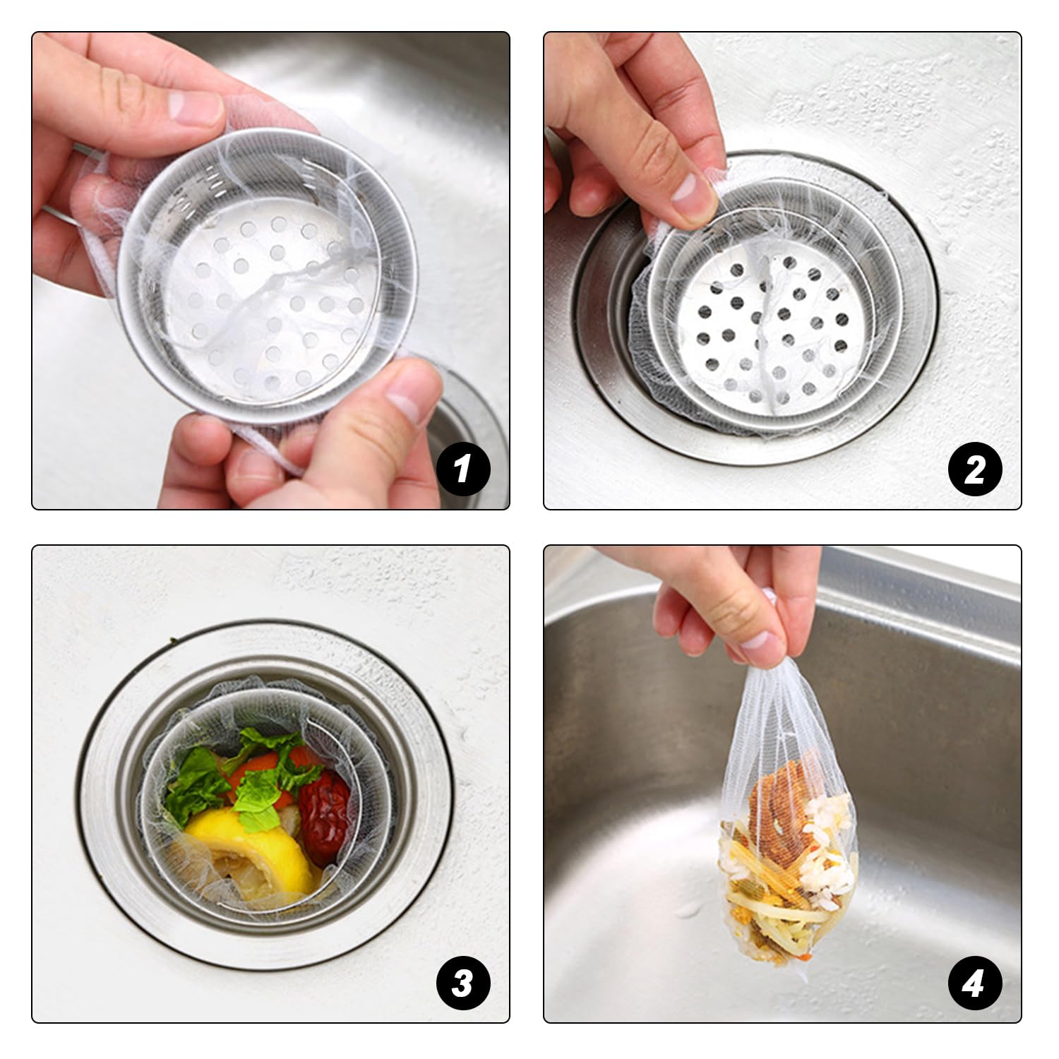 300 filtri di scarico, filtro per lavello, filtro per lavello da cucina, sacchetto filtro a rete, filtro facile da usare, filtro filtro (trasparente)