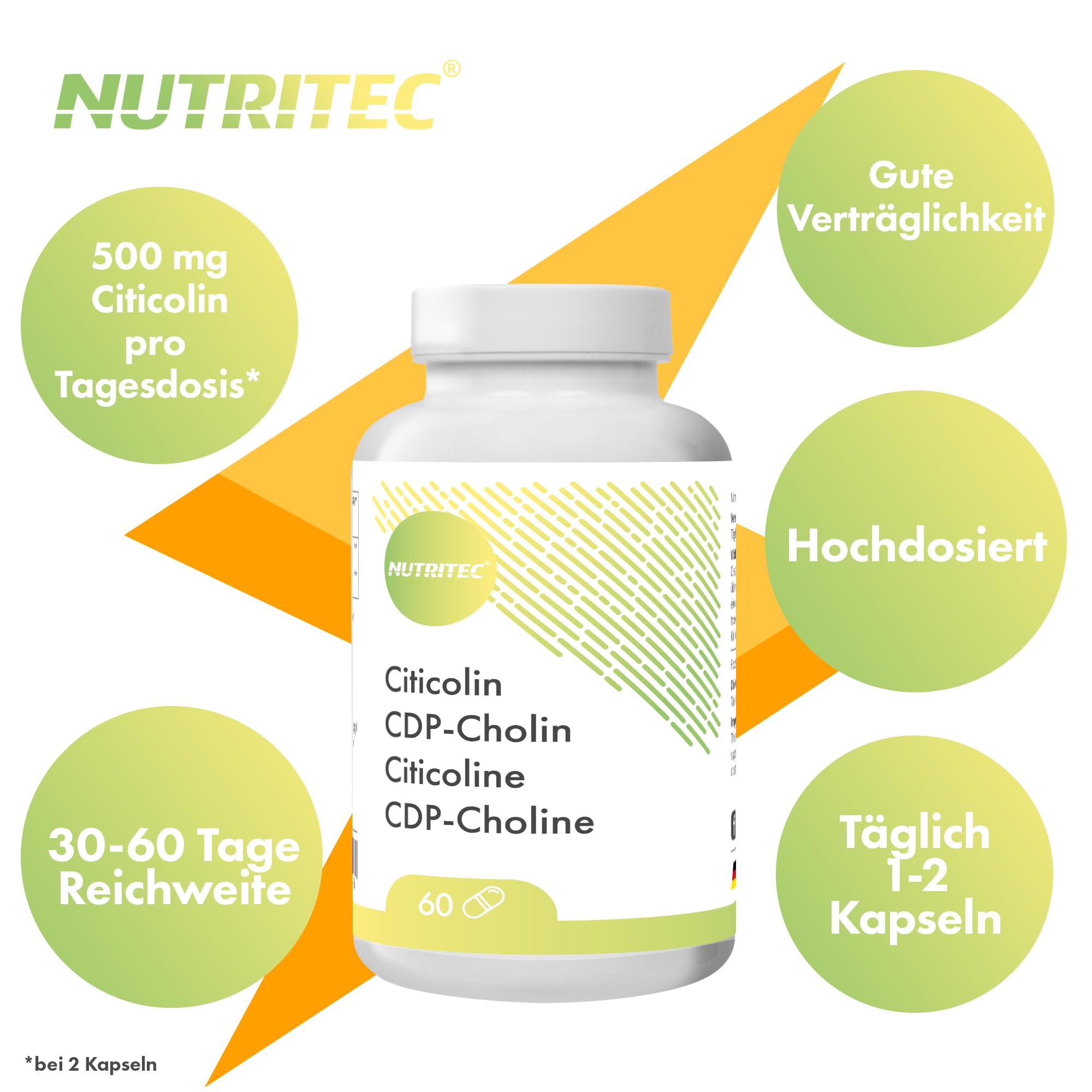 CDP-Cholin 250 mg Citicolin pro Kapsel, bis zum 500 mg Citicholin pro Tagesdosis - 60 Kapseln, vegan