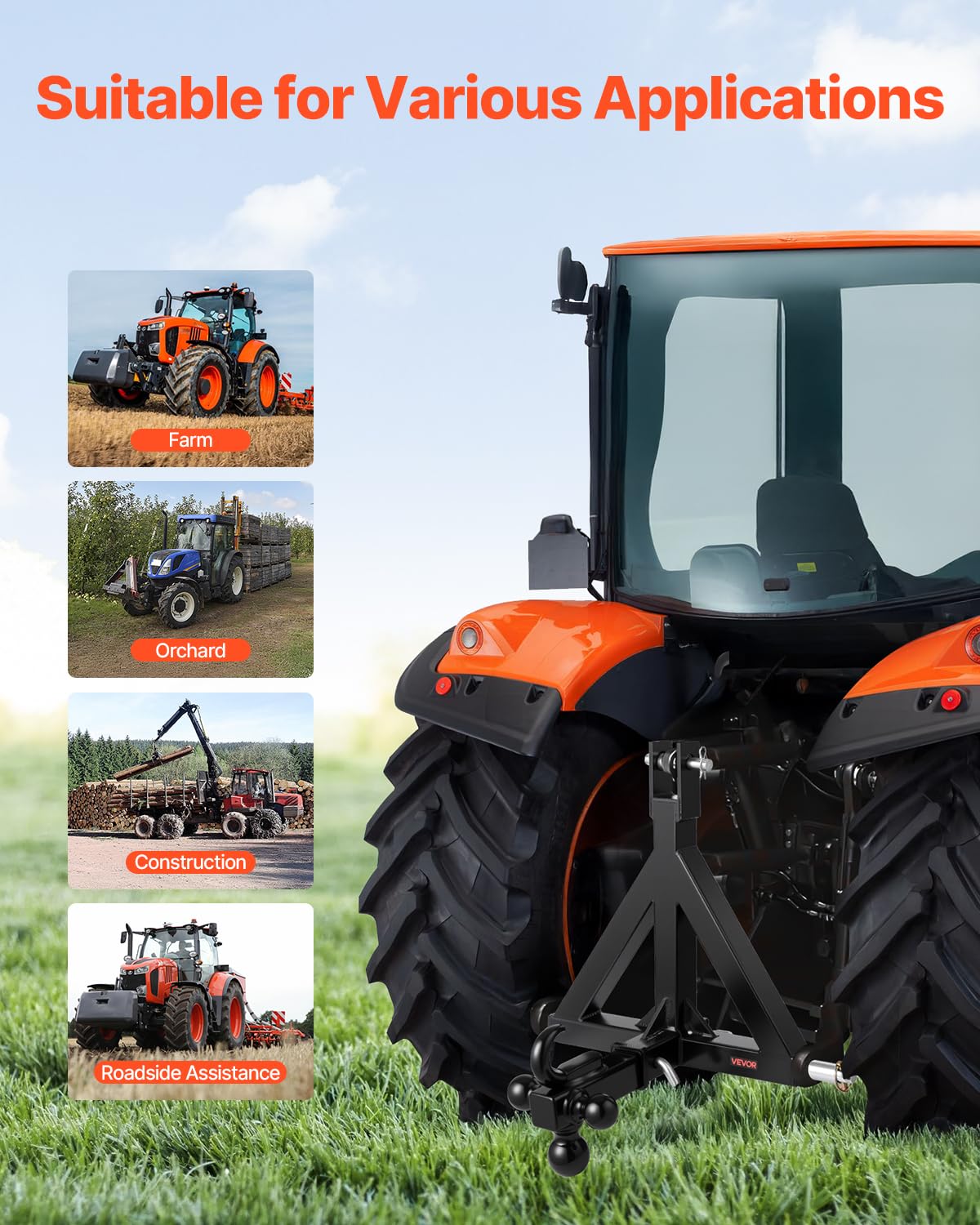 VEVOR Attacco per Rimorchio a 3 Punti con Ricevitore da 50,8 mm, Attacco a 3 Punti con 3 Sfere per Rimorchio, Adattatore per Barra di Traino per Trattore, Compatibile con Kubota, Mahindra, Ford
