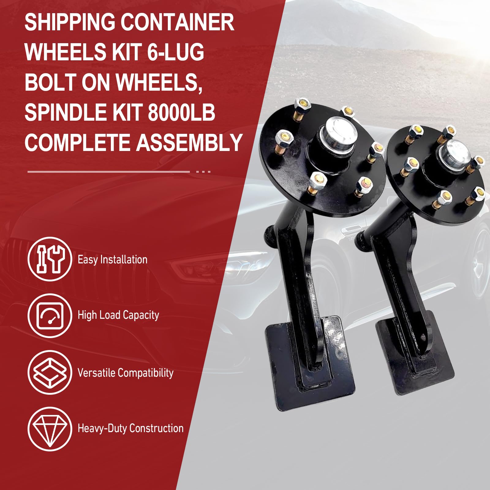 REVOTUNE Shipping Container Wheels Kit 6-Lug Bolt On Wheels, Spindle Kit 8000LB Complete Assembly, Compatible with 40' Shipping Container Heavy-Duty Shipping Container, Black