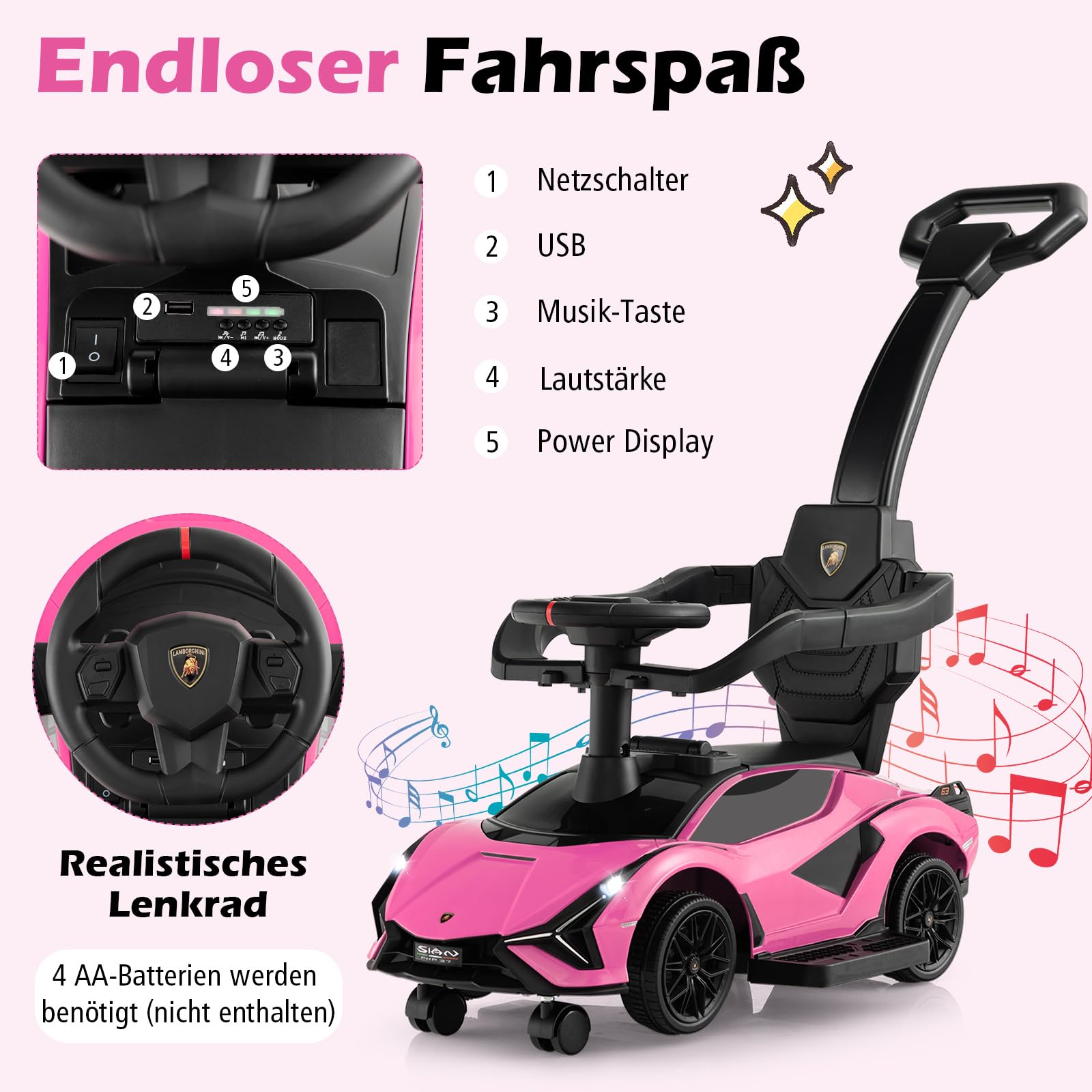COSTWAY 3-in-1 Lamborghini Rutschauto, Schiebauto mit Scheinwerfern & Musik & Stauraum, Rutschfahrzeug mit abnehmbaren Schiebegriff & Universalrädern, Rutscher Auto für Kinder ab 1 Jahr (Rosa)
