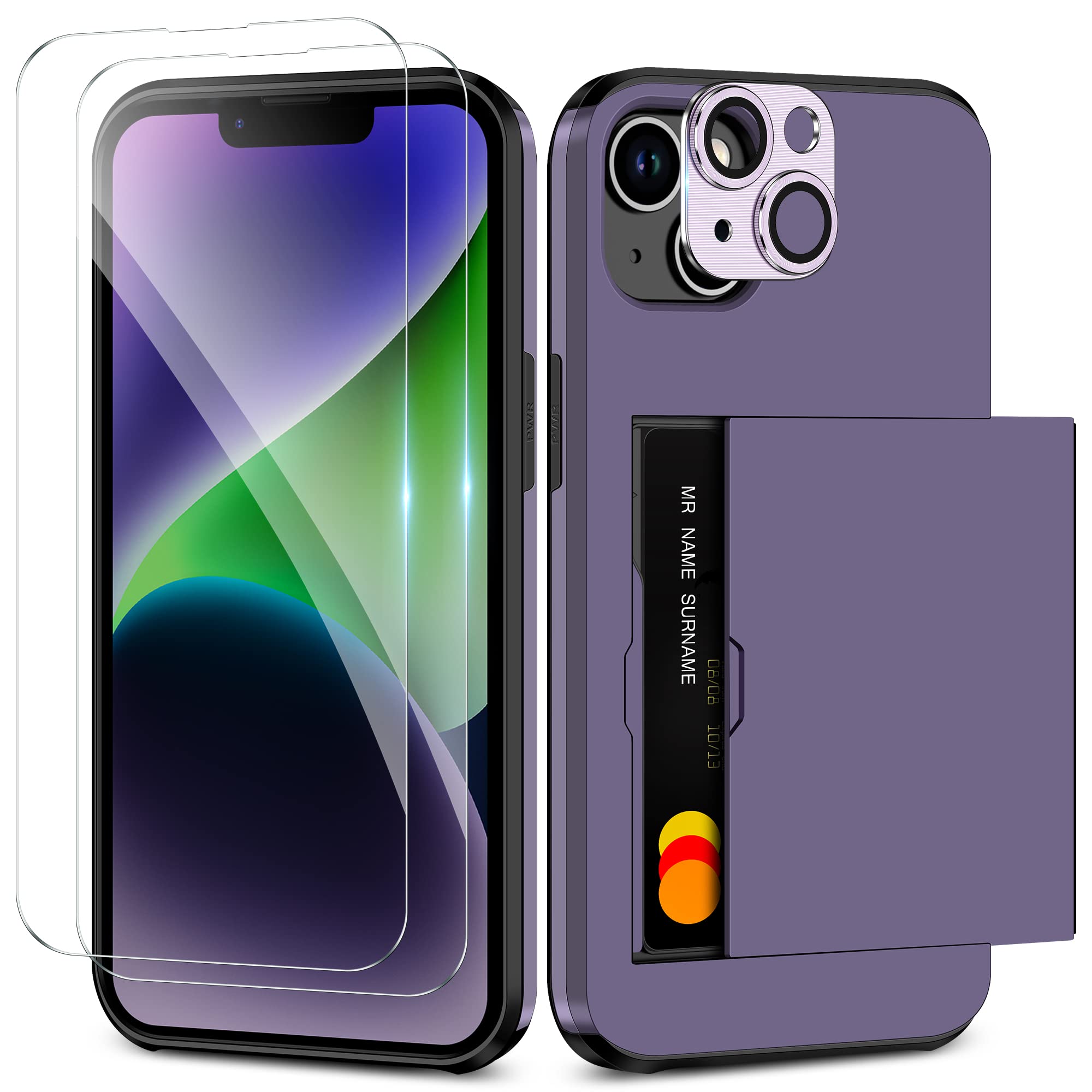 Cooldenfor iPhone 14 Plus Case with Card Holder & 2 Screen Protector + 1 Camera Lens Protector Full Body Heavy Duty Protective Case Shockproof Wallet Case Cover for iPhone 14 Plus Phone Case-Purple