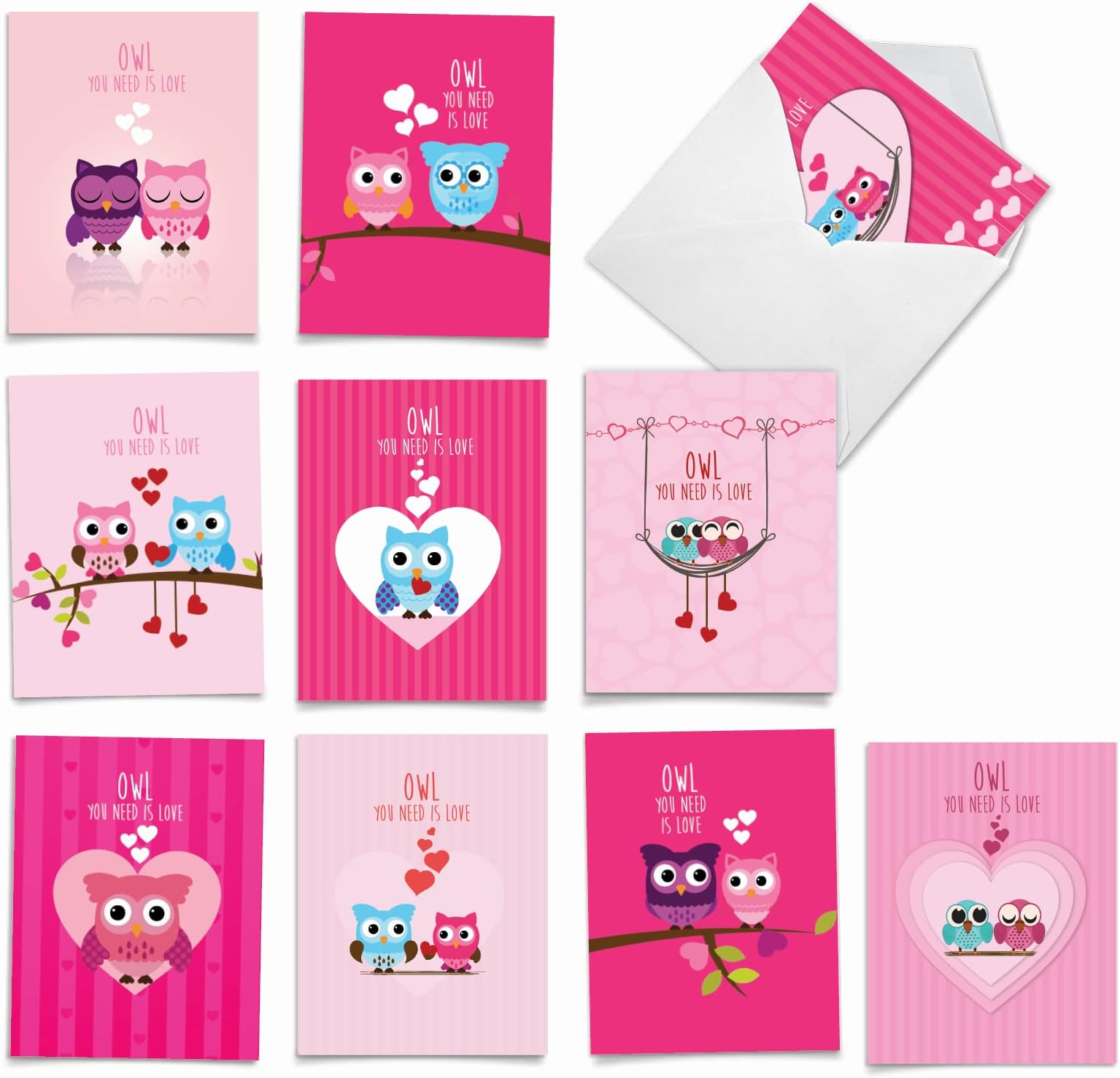 10 Assorted Valentine's Day Note Cards (4 x 5.12 Inch) - Boxed Valentine Cards, Bulk Set with Envelopes - Owl You Need is Love M5665VDG-B1x10