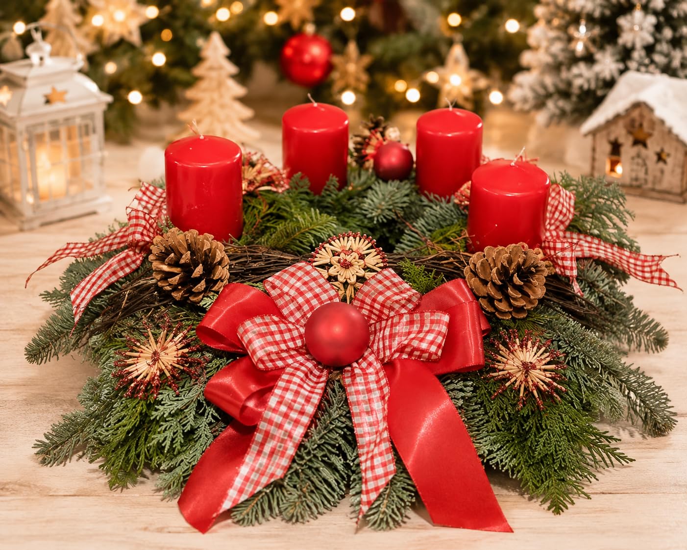 Adventskranz frisch Landhaus rot 35 cm Weihnachten Advent Gesteck Tanne Konifere