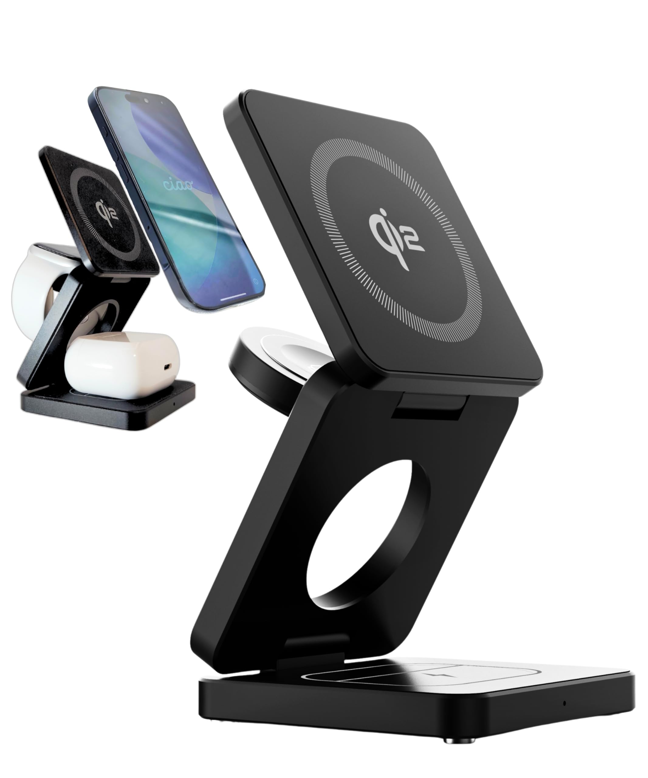 Caricatore Wireless 3-in-1 in Alluminio - Qi2 Certificato con Caricatore 20W, Cavo USB-C e Custodia – Compatibile MagSafe iPhone, Apple Watch, AirPods