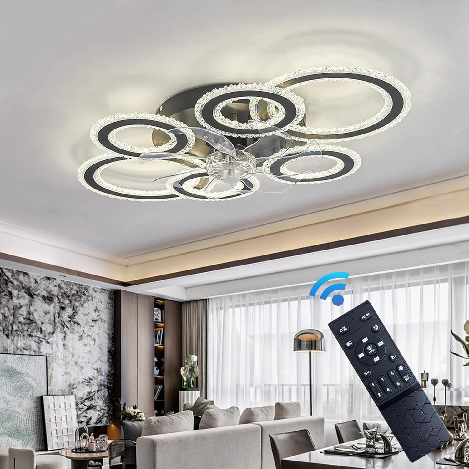 HXYSXHJUO Ceiling fan light LED CNC Light Large Reversible Silent 6-Speed Dimmable with Timer for Living Room (Black)