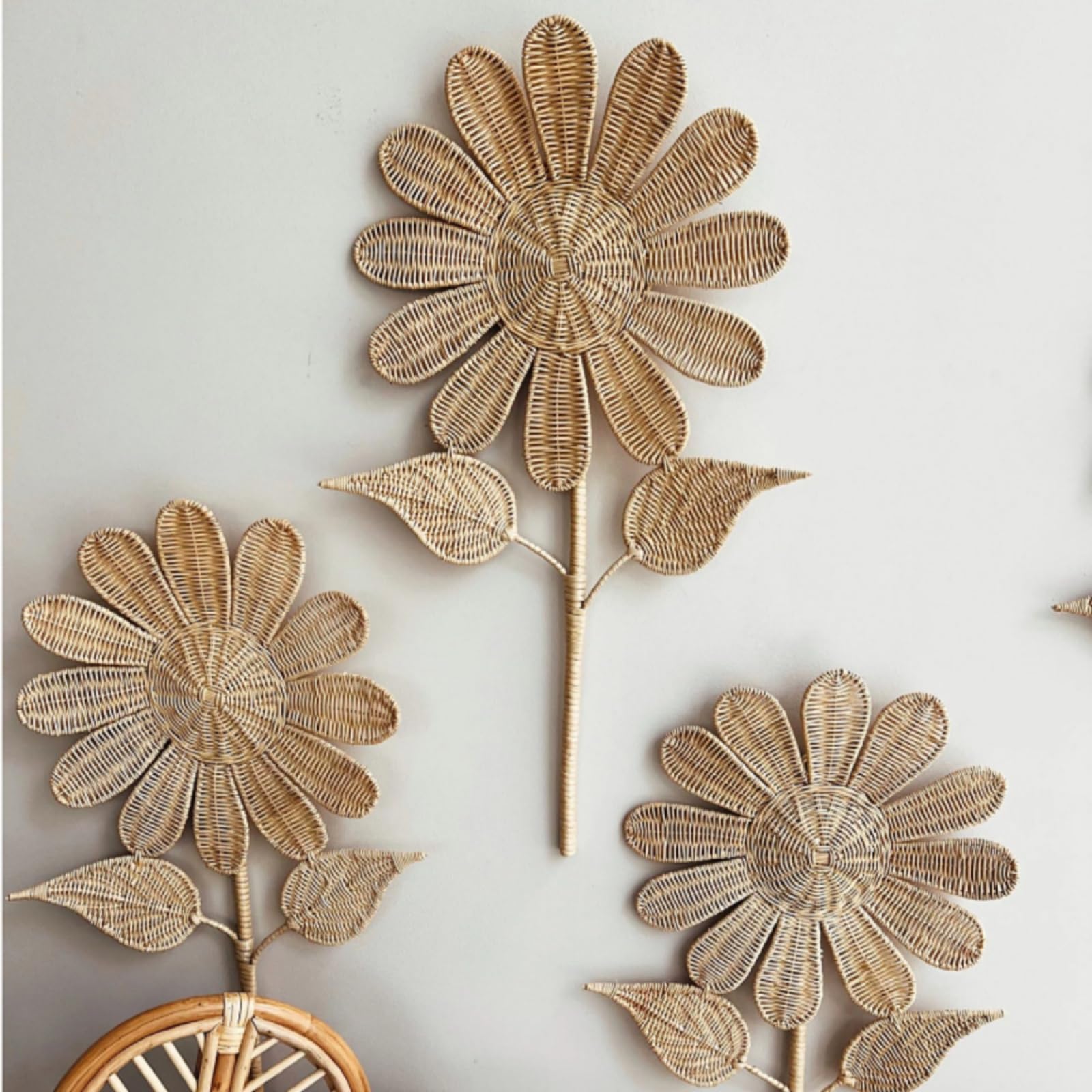 KiBcsLic Adorno Ratán con Forma Flor Boho Mimbre Redondo coración para Hotel, Blanco