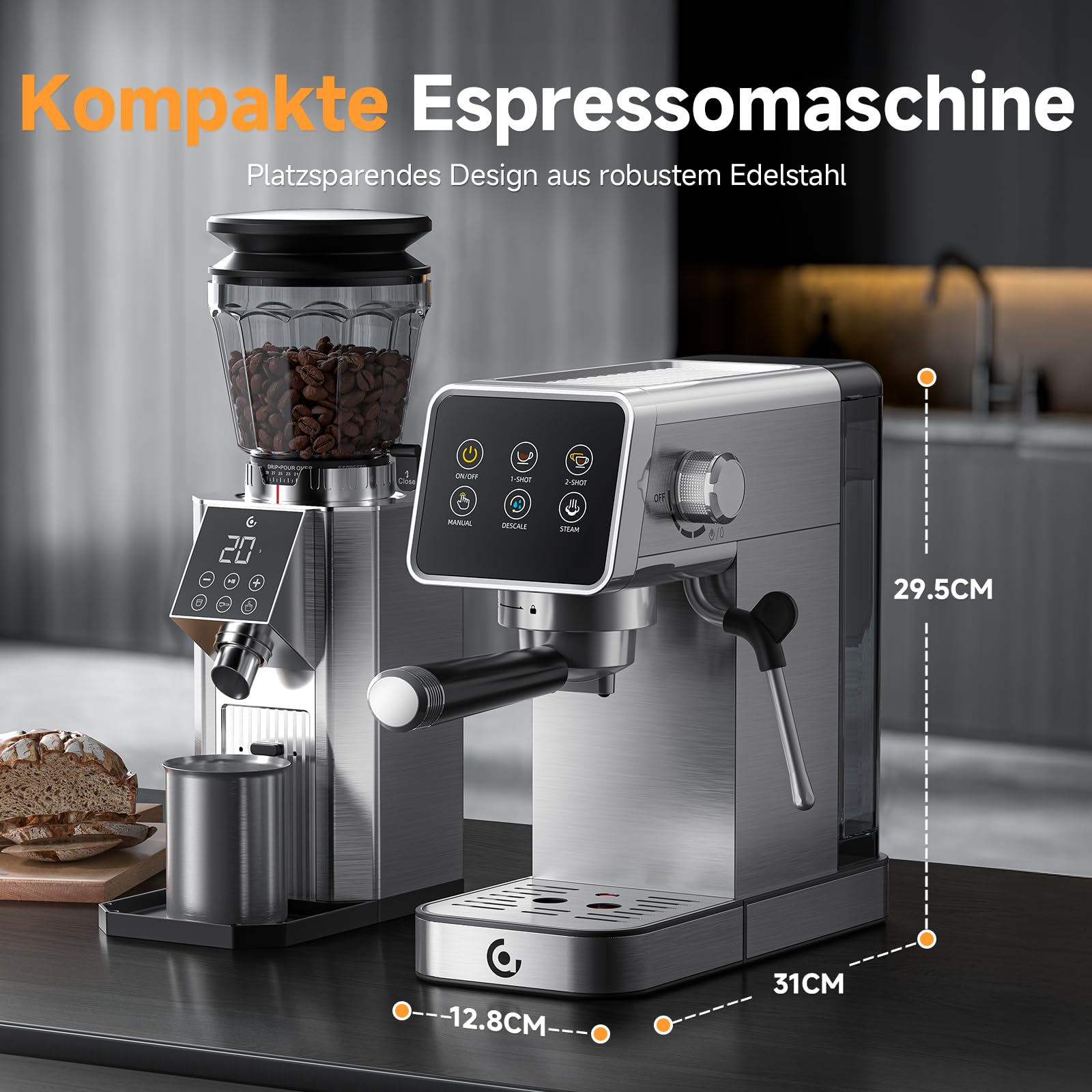 AMZCHEF Siebträgermaschine 20 Bar Espressomaschine Edelstahl LED-Touchscreen Milchaufschäumer 1,2L Wassertank