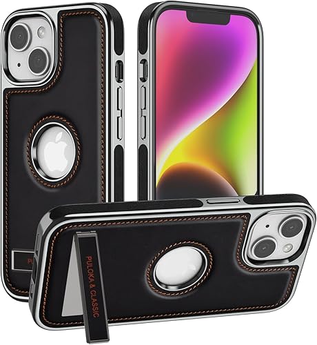 PULOKA for iPhone Leather Covered Phone Case with Kickstand Phone Cases (Black, 