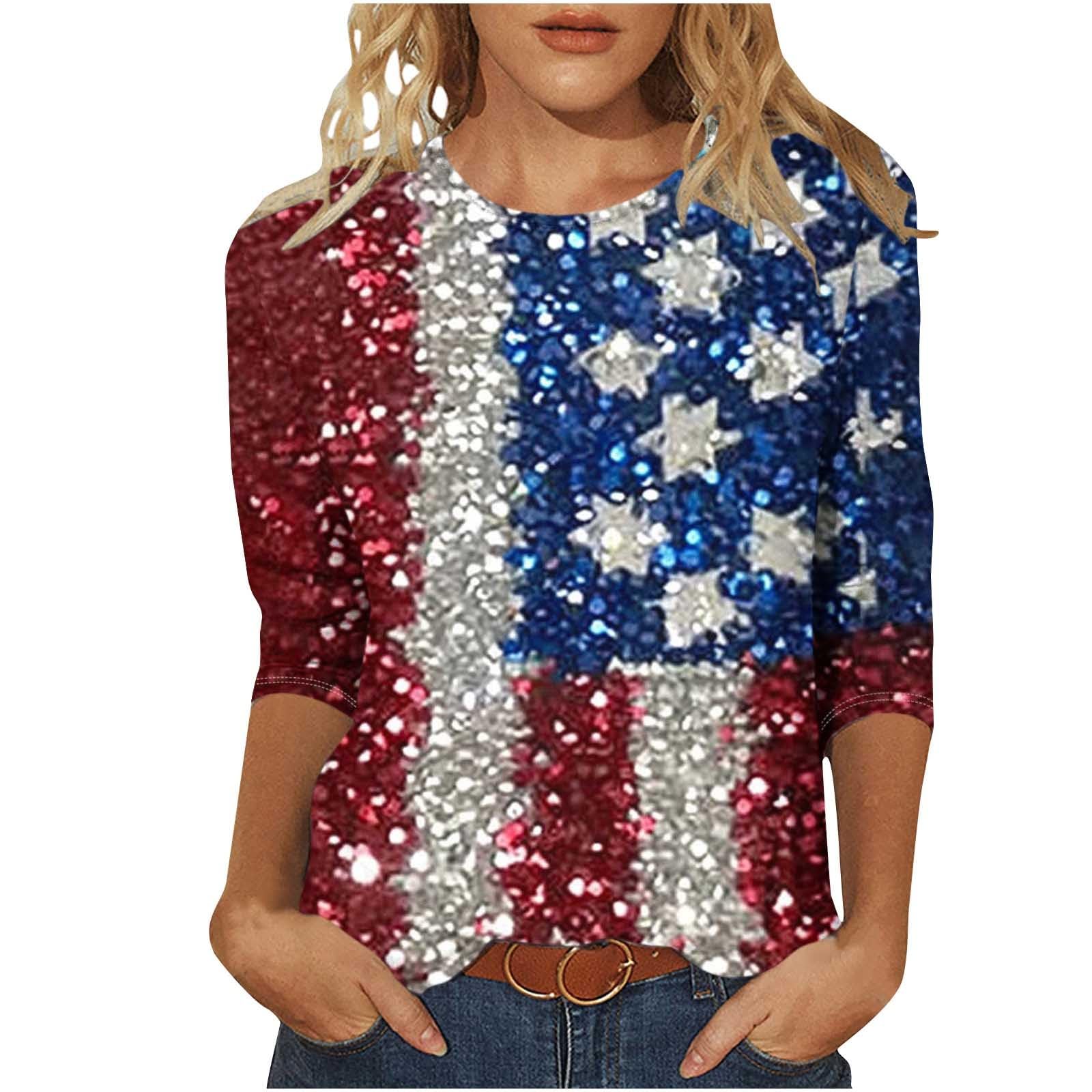 3/4 Sleeve Shirts for Women 4th of July American Flag Patriotic Tops Glitter Stars Stripes Graphic Loose Fit Blouse