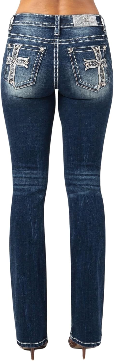 Miss Me Women's Mid Rise Silver and Pearl Cross Bootcut Jeans