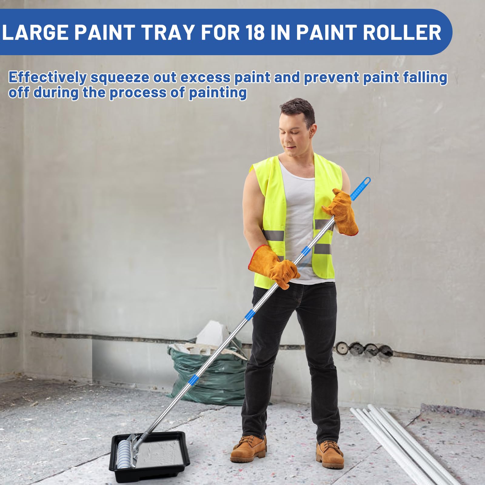 Kit de 12 rodillos de pintura de 18 pulgadas, bandeja de rodillo de pintura de 18 pulgadas, marco de rodillo ajustable de 12 a 18 pulgadas y poste de acero extensible grueso, mangas grandes para