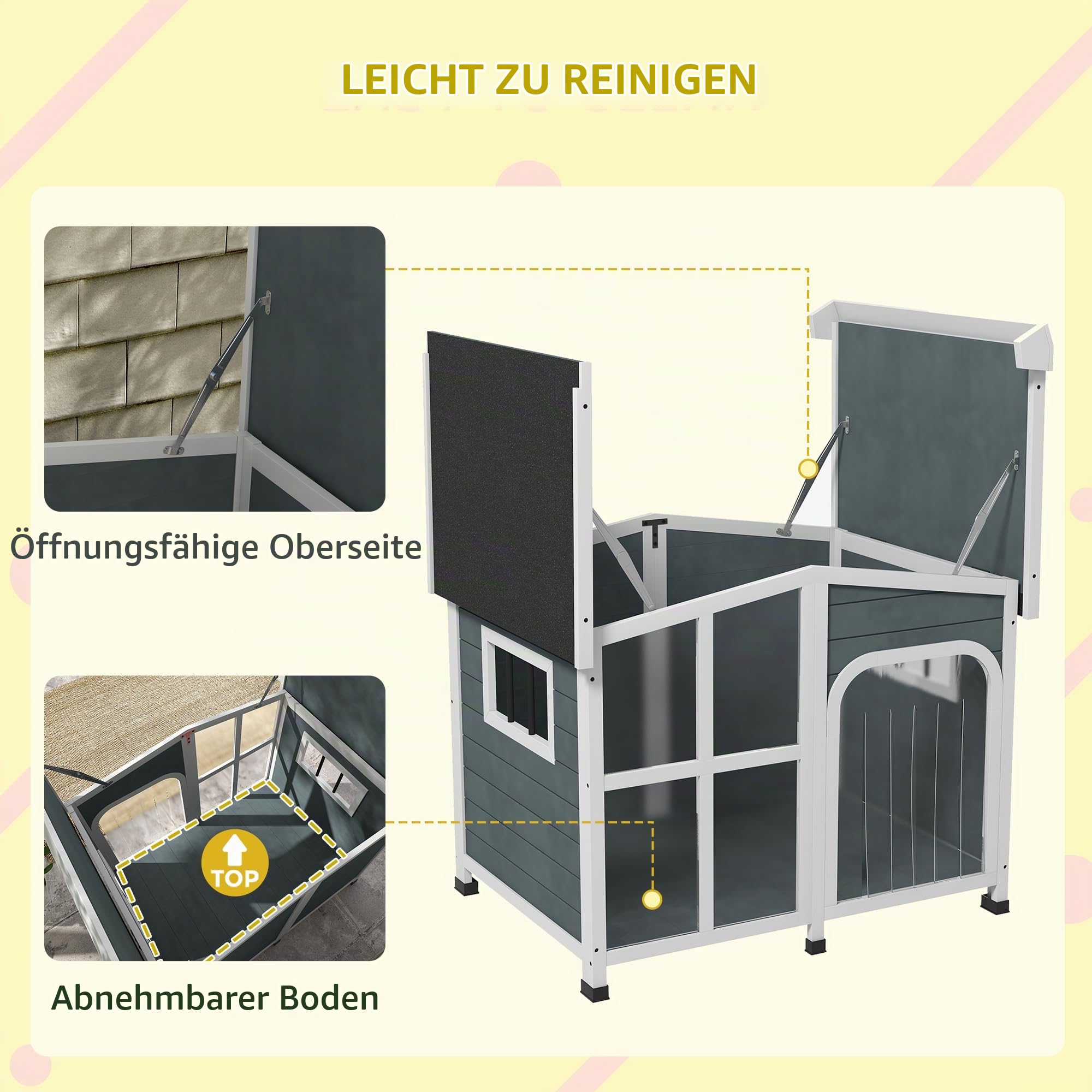 PawHut Außen-Holzhundehaus 101x66,5x70,5cm dunkelgrau | Hundehaus für mittelgroße Hunde bis 20 kg, Schutzdach, Fenster, öffenbares Dach