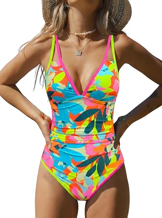 popvil Womens One Piece 2026 Tummy Control Swimsuits Neon Color Block Swimwear Deep V Neck Slimming Bathing Suit
