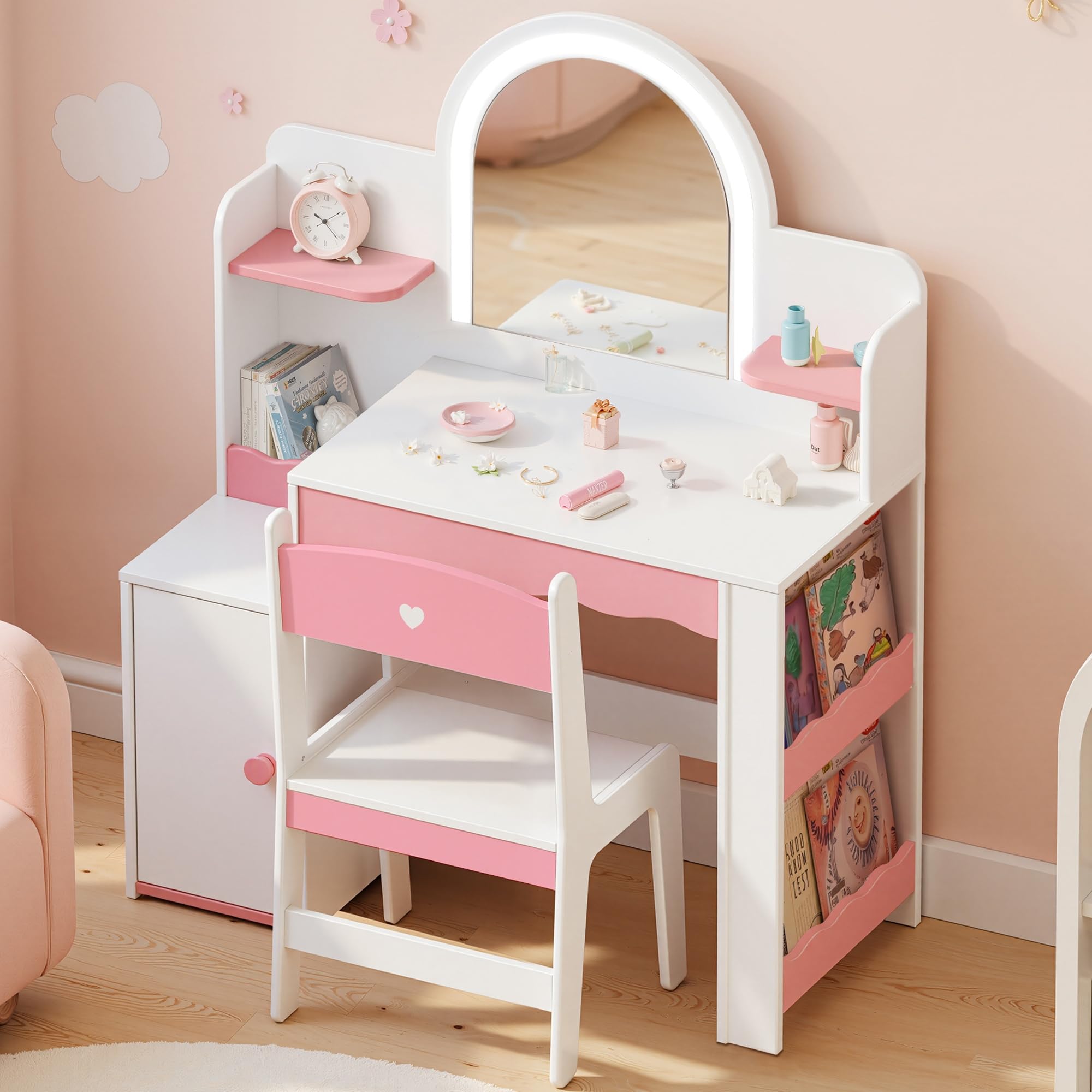 Kids Vanity with LED Mirror and Chair, Girls Vanity Set with Storage Cabinet and Shelves, Toddler Vanity Table and Chair Set for Bedroom Playroom, Pink and White Girl Vanity for Ages 3-8