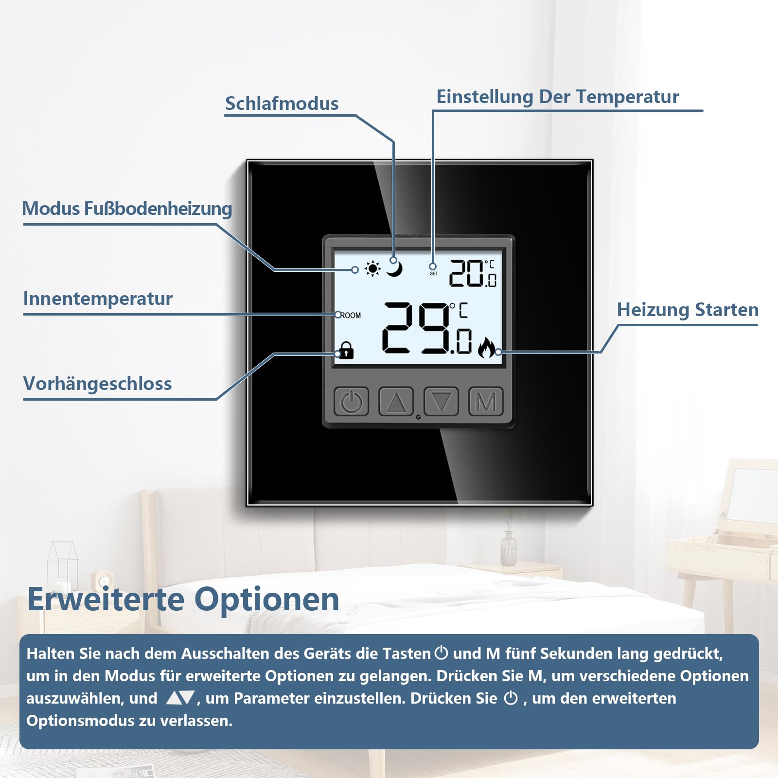 CNBINGO Digitaler Raumthermostat Unterputz mit Fühler, Thermostat für Wasser Fußbodenheizungen und Boiler, Wandthermostat für Heizung und Kühlungssysteme, Schwarz mit Glasrahmen