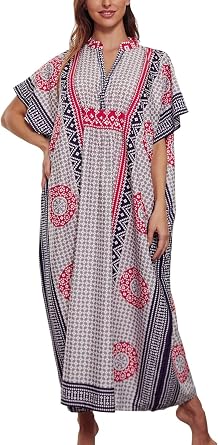 Chunoy Women Loose Lightweight V Neck Turkish Kaftan Summer Long Beach Wear Cover Up Maxi Dress Pink Purple