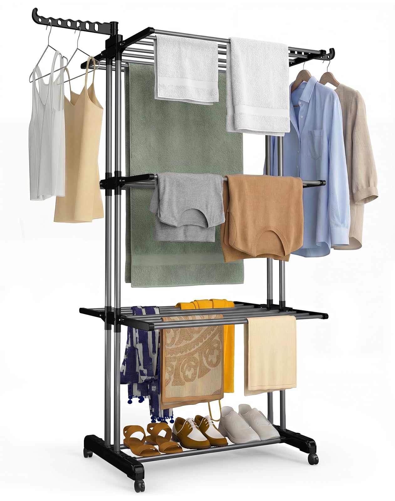 vounot® Étendoir à Linge 4 Niveaux 126x63x170cm Grande Capacité Pliable avec Roulettes Intérieur Extérieur