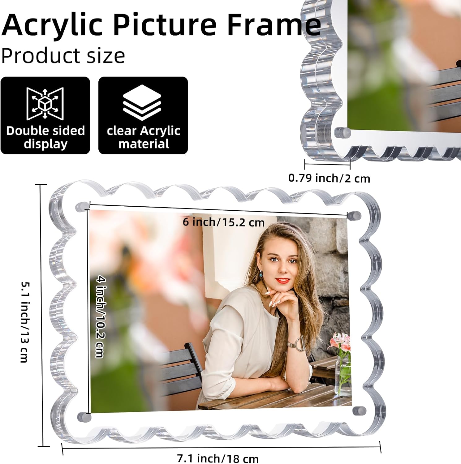 3 Pack Acrylic Picture Frame. 4x6inch Magnetic Picture Frames, Double Sided,10+10mm Thick Block, Clear Photo Scalloped Frames Freestanding for Desktop Display - Image 2