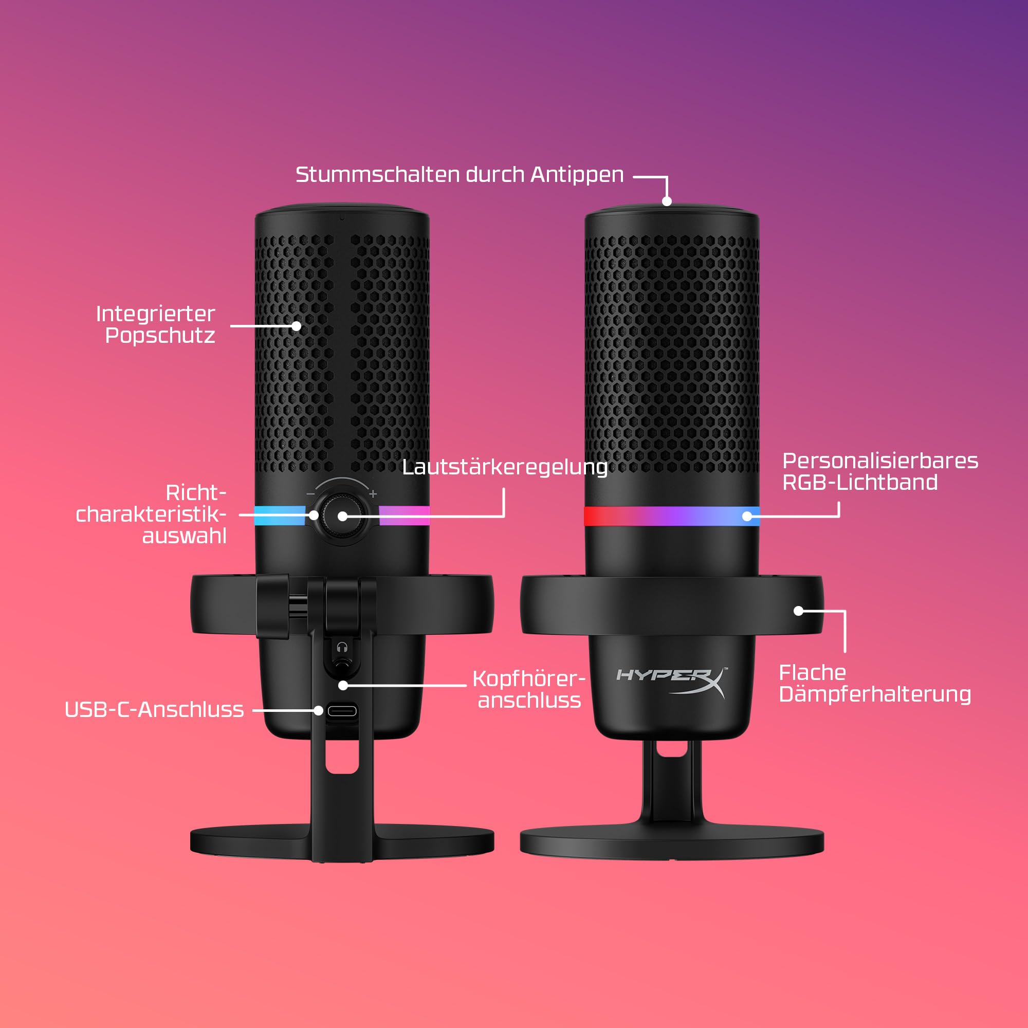 HyperX DuoCast - USB-Kondensatormikrofon - RGB-Beleuchtung, Integrierter Pop-Filter, Flache Mikrofonspinne, Verstärkungssteuerung, PC/PS5/PS4/Mac-kompatibel, Schwarz