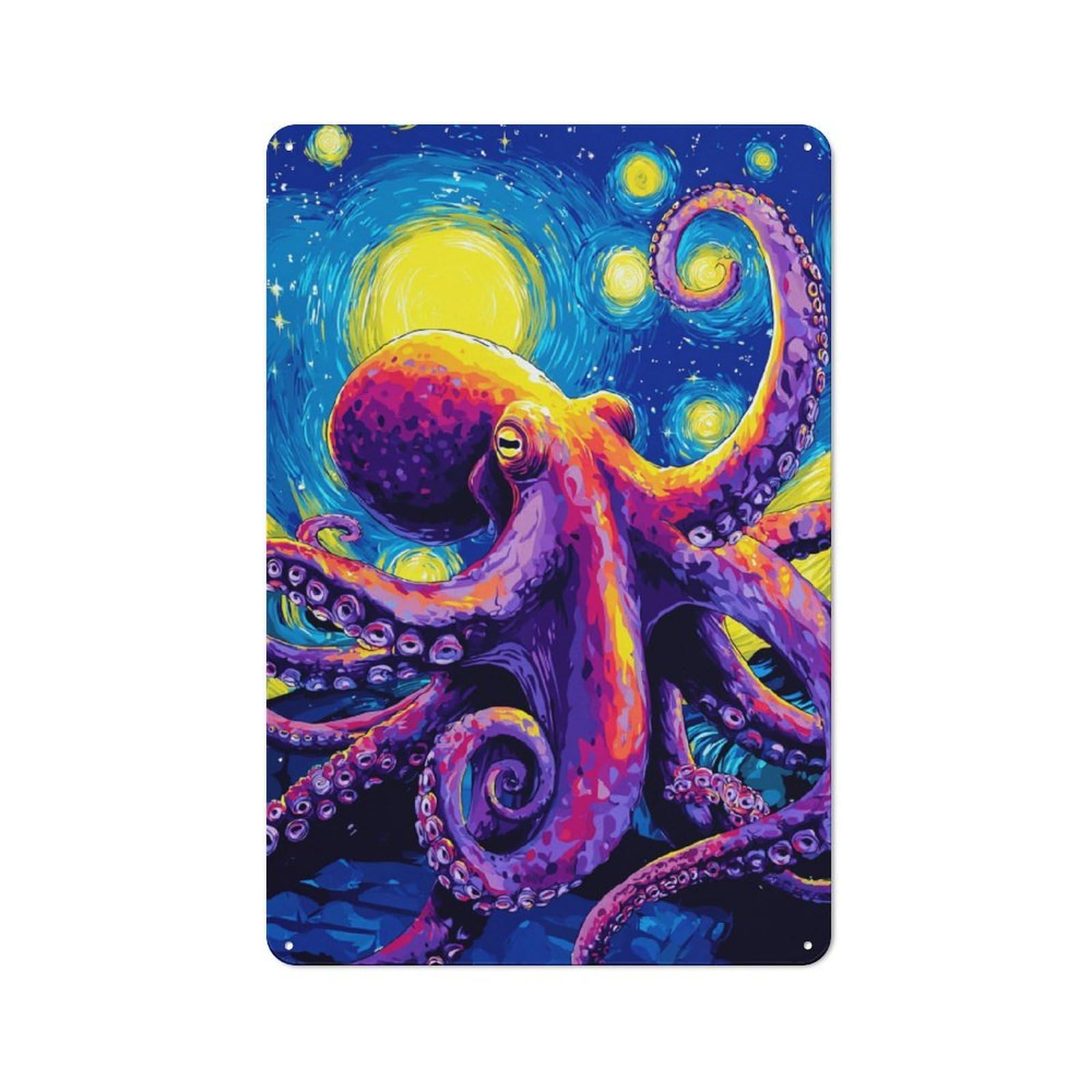 Junmoney Vibrant Octopus In Starry Sky Metal Wall Plaque With Design 30X20cm, Retro Small Space Decor For Flat, Dorm Room, Lounge Or Cafe