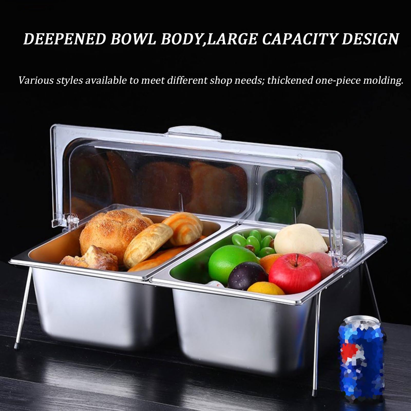 Contenedor de acero inoxidable para servir alimentos con tapa transparente, organizador de encimera, estante de exhibición de especias, contenedor de buffet de despensa para salsas y mermeladas