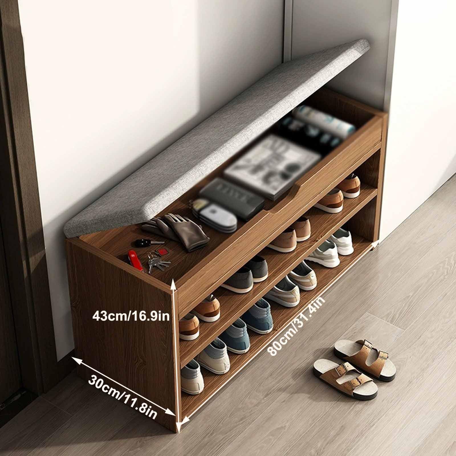 2-Tier Storage Bench, Wooden Shoe Bench With Cushion – Entryway Shoe Cabinet & Organizer With Hidden Compartment, 80x30x43cm