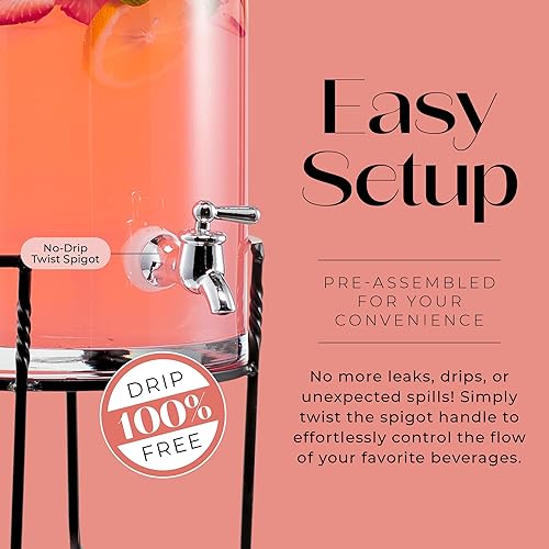 Miniatura 6 de Style Setter Dispensador de bebidas con soporte de metal para bebidas de vidrio frío, jarra de capacidad de 2.5 galones, grifo acrílico a prueba de