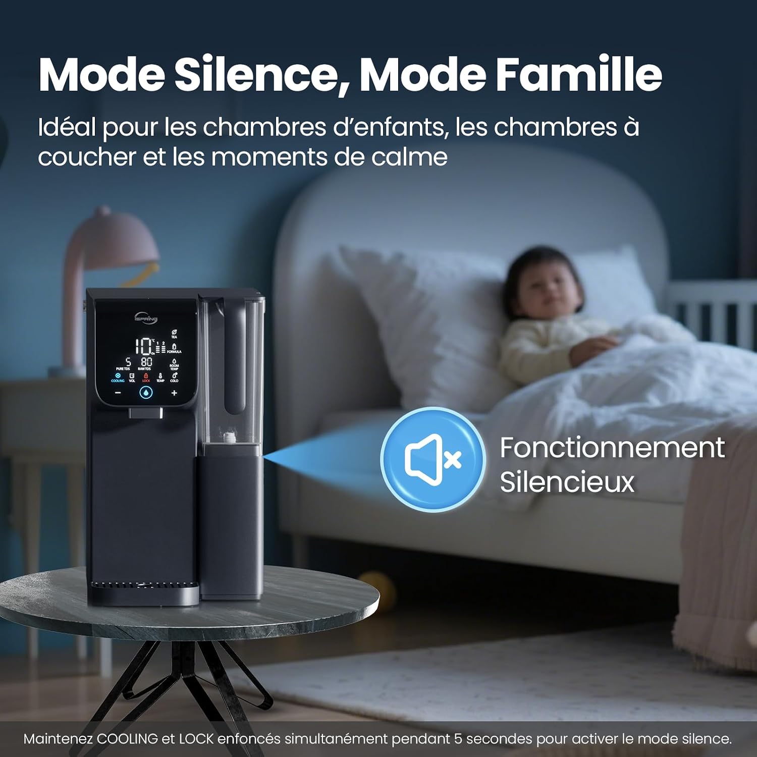 iSpring RCD100HCG-E dispenser in a bedroom setting with a 'silent operation' icon, indicating its quiet mode.