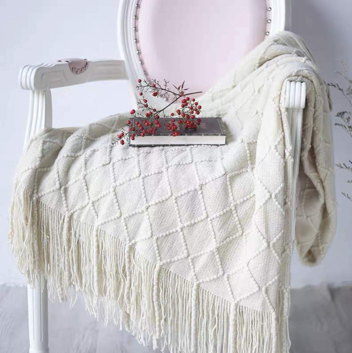 OliveSleep Knitted Fringed Throw Blanket,Lightweight Soft Warm- (Lvory, 130 x 203cm)