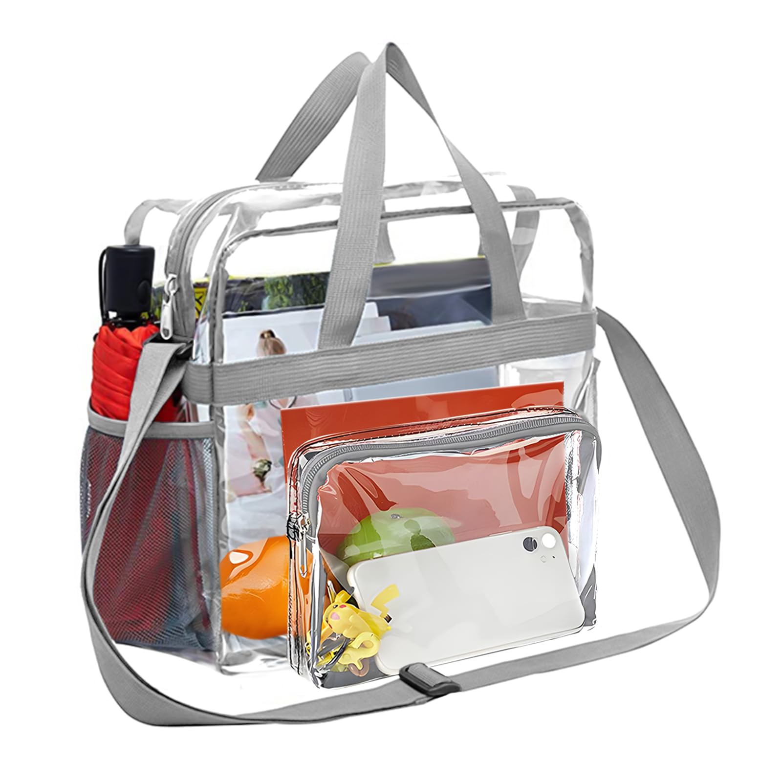 Enkrio Makeup Bag, Clear Cosmetic Bag with 5 External Pockets, Waterproof and Transparent Toiletry Bag with Shoulder Strap for Travel, Beach