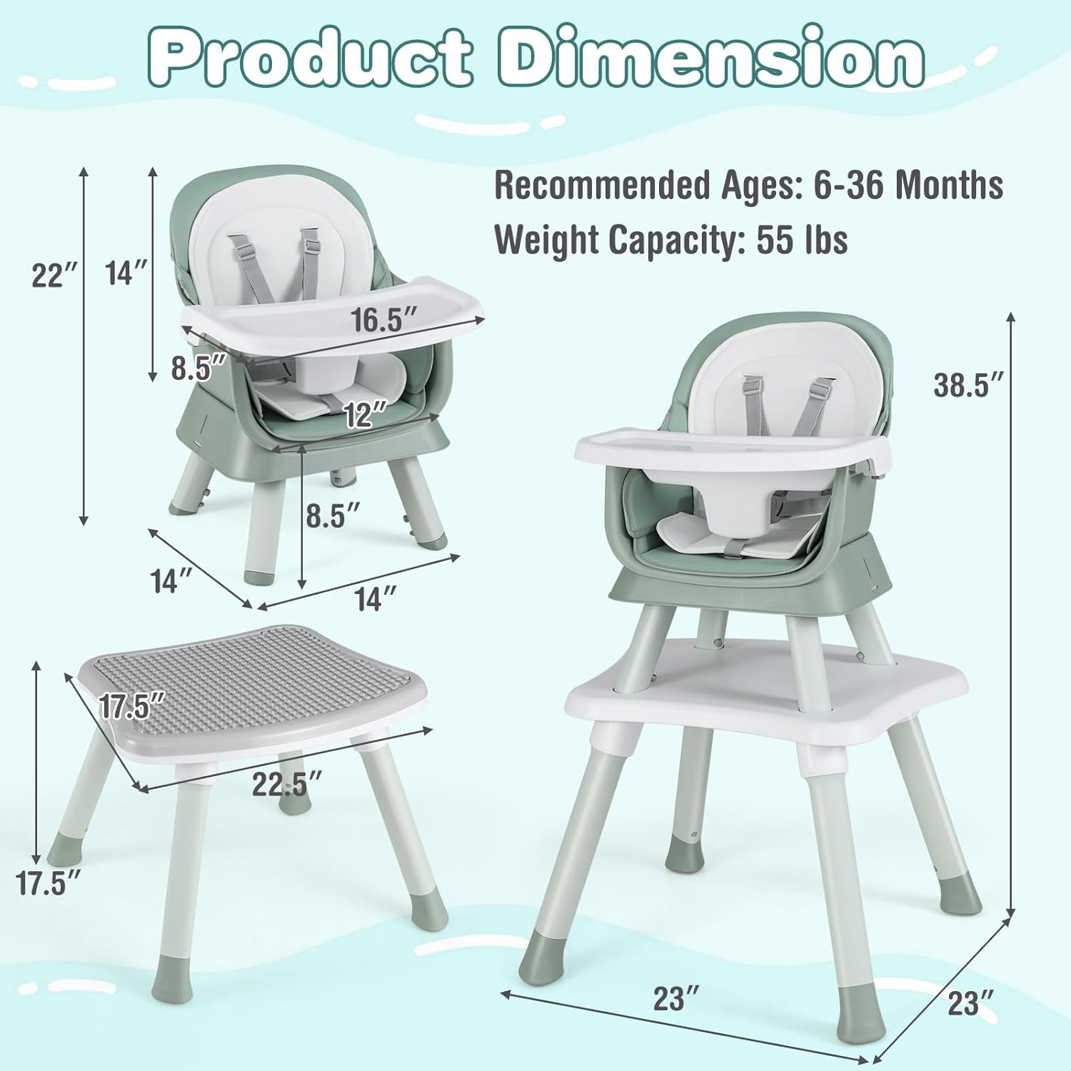 HONEY JOY 8 in 1 Baby High Chair, Convertible Highchair for Babies and Toddlers/Table and Chair Set/Building Block Table/Booster Seat/Stool/Toddler Chair with Safety Harness (Green) image 9 of 9 B0FHW4QMLB