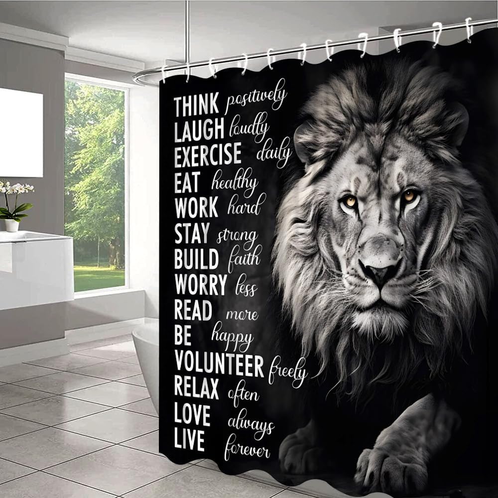 Lion Shower Curtain Africa Wild Animal Wildlife Inspirational Motivational Quote Funny Safari Men Boys Cool Bathroom Decor Cloth Curtains Set with Hooks 84Wx70H Inch