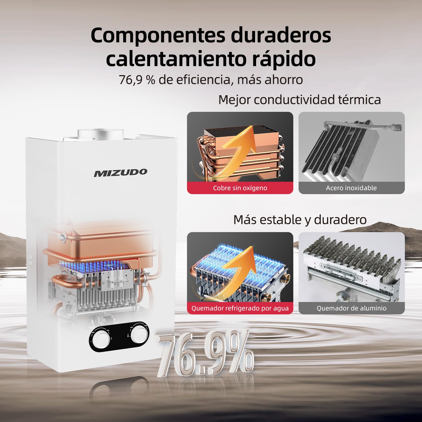 MIZUDO Calentador de Agua Butano Gas LPG, Clase de Eficiencia Energética A, Low NOx, Calentadores Propano 10L Atmosférico, Quemador de Baja Emisión, 32.8 x 21.35 x 55 cm