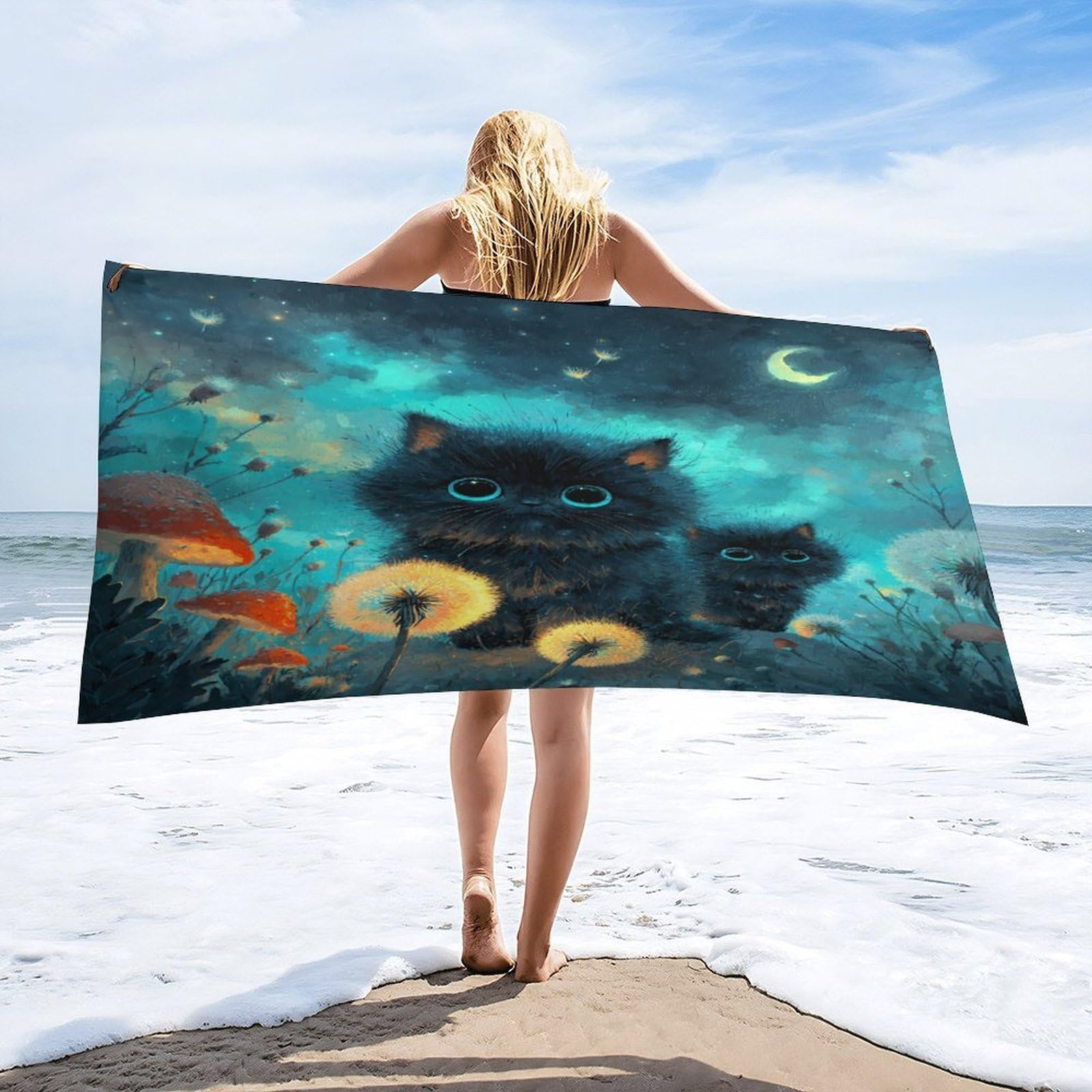Luyysky Rustic Fantasy Cute Kitten Absorbent Beach Towel, Modern Art Starry Sky Galaxy Plant Dandelion Mushroom Animals Cat Outdoor Single-Sided Velvet Beach Towel-80 W Cm X 160" L Cm