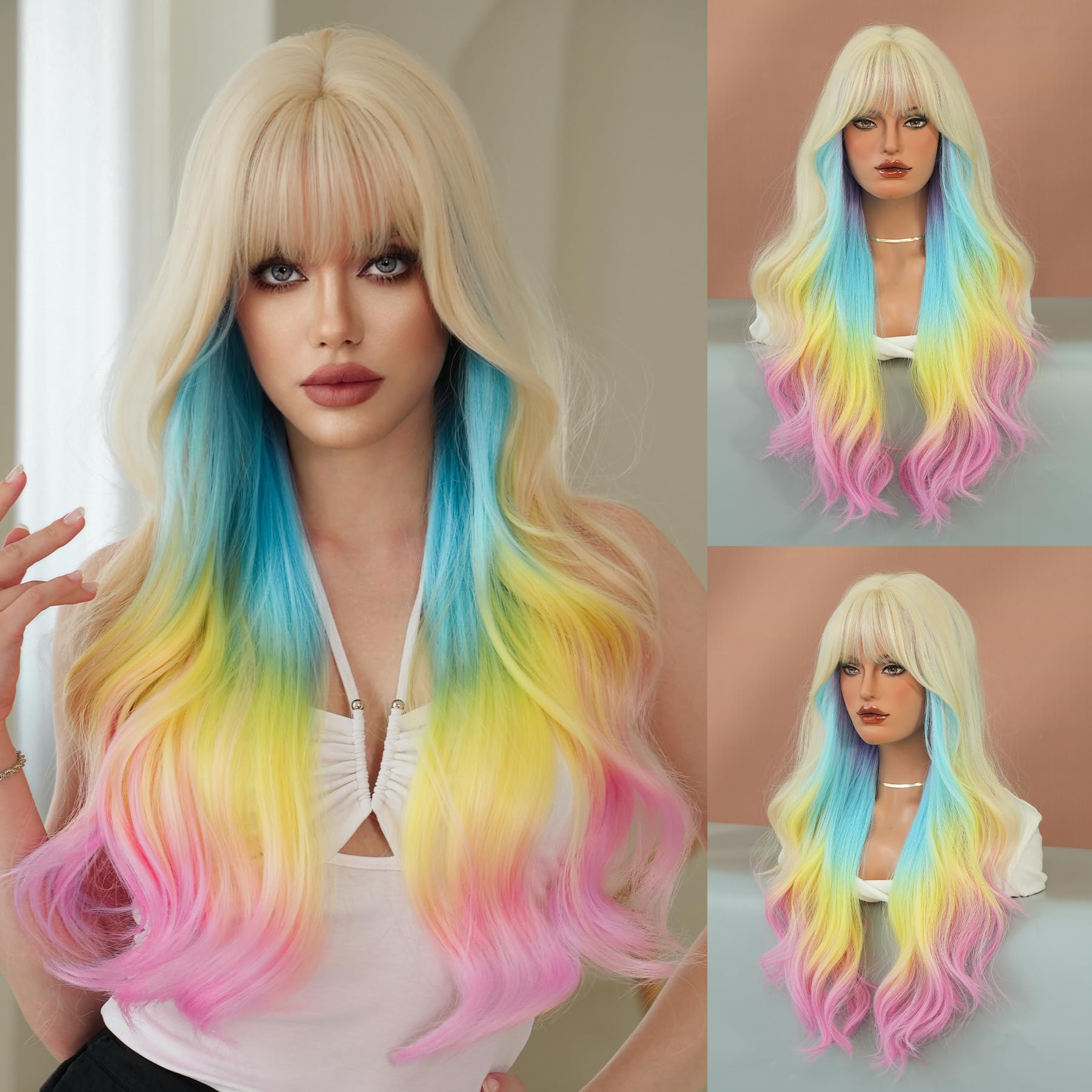 7JHH WIGS Long Ombre Rainbow Platinum Wig with Bangs 31in Long Wavy Curly Colorful Synthetic Heat Resistant Fiber Wig for Cosplay Christmas Gifts Party Used