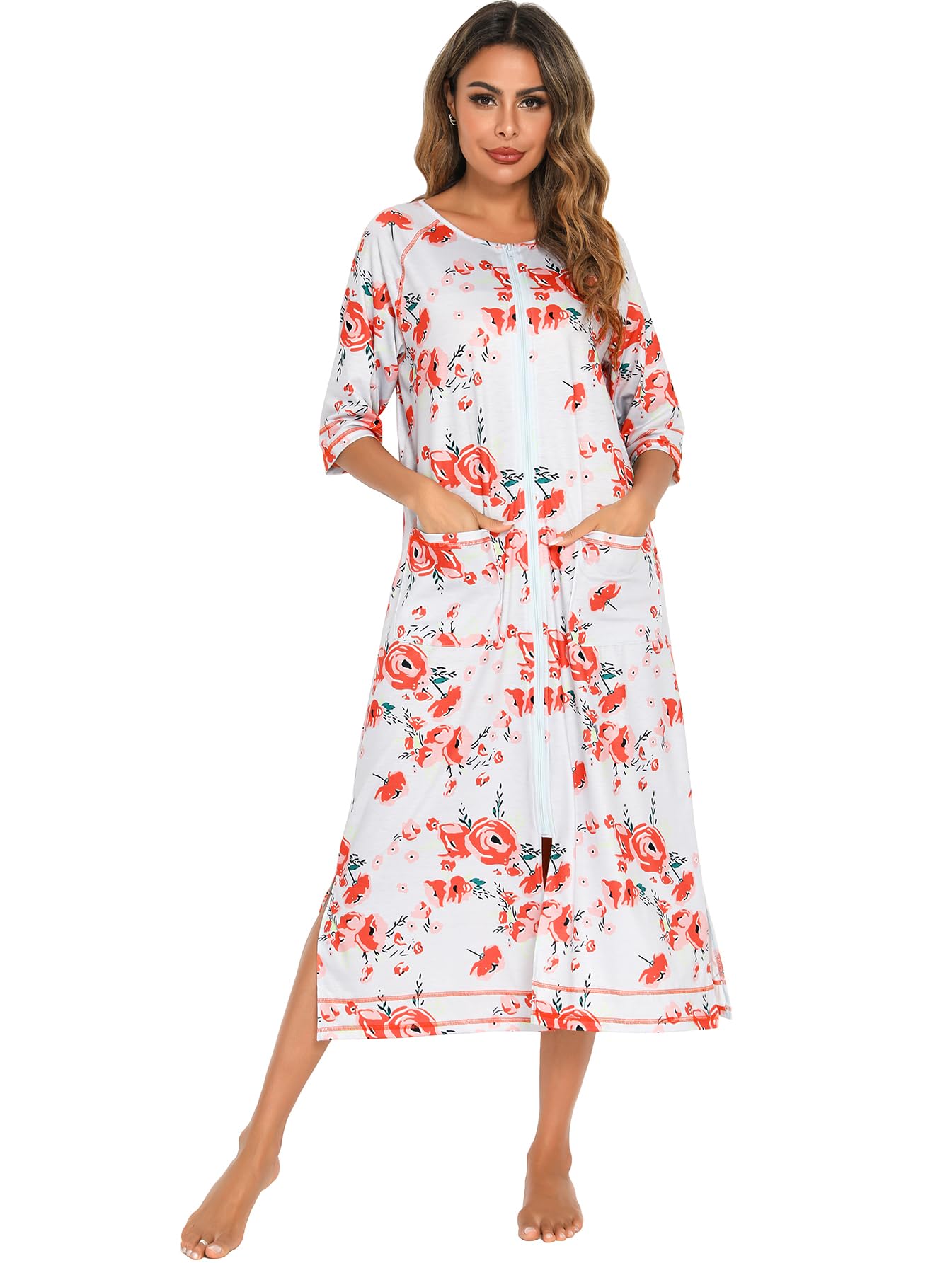 Citridarll Women's Rose Flower Zipper Robes Long Bathrobe Lightweight House Coats Floral Print House Dress With Pockets Nightgown, XX-Large