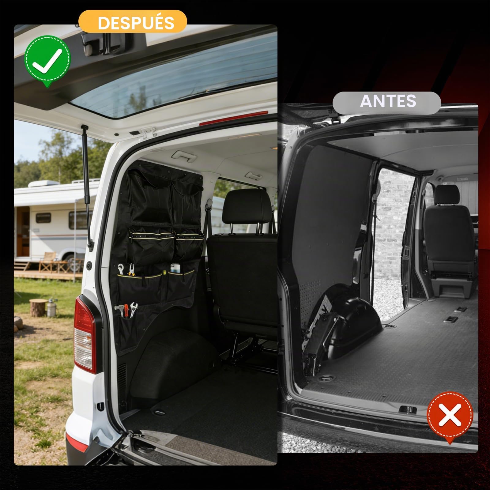 Bolsa de ventana para VW T5, T6, T6.1 Transporter, compartimento de almacenamiento en la ventana trasera para el lado del conductor, bolsa de almacenamiento de pared con varios compartimentos, gran