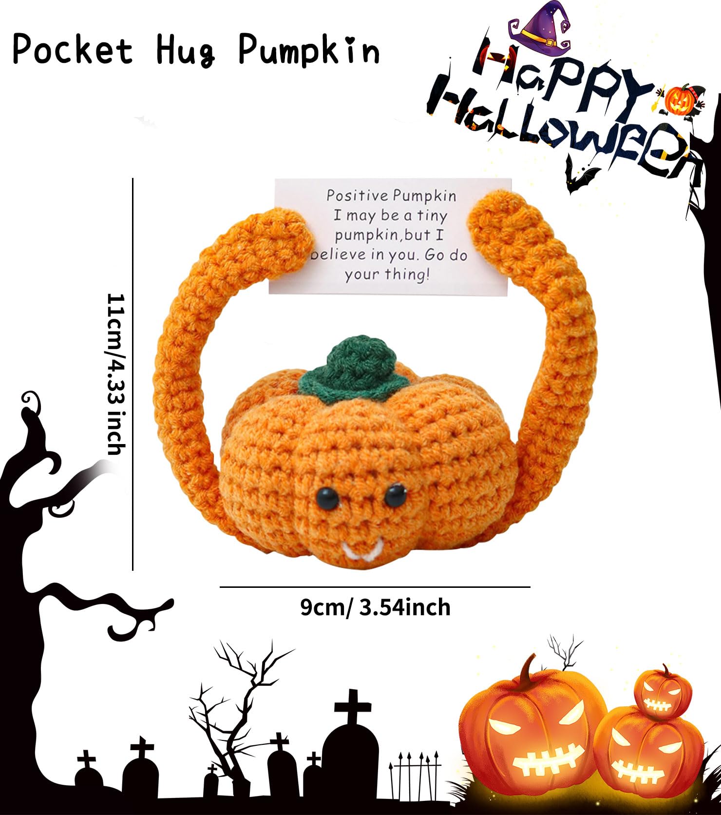 Peluche Citrouille Tricotée Positive – Avec Carte Motivante & Porte-Clés – Cadeau Soutien Émotionnel