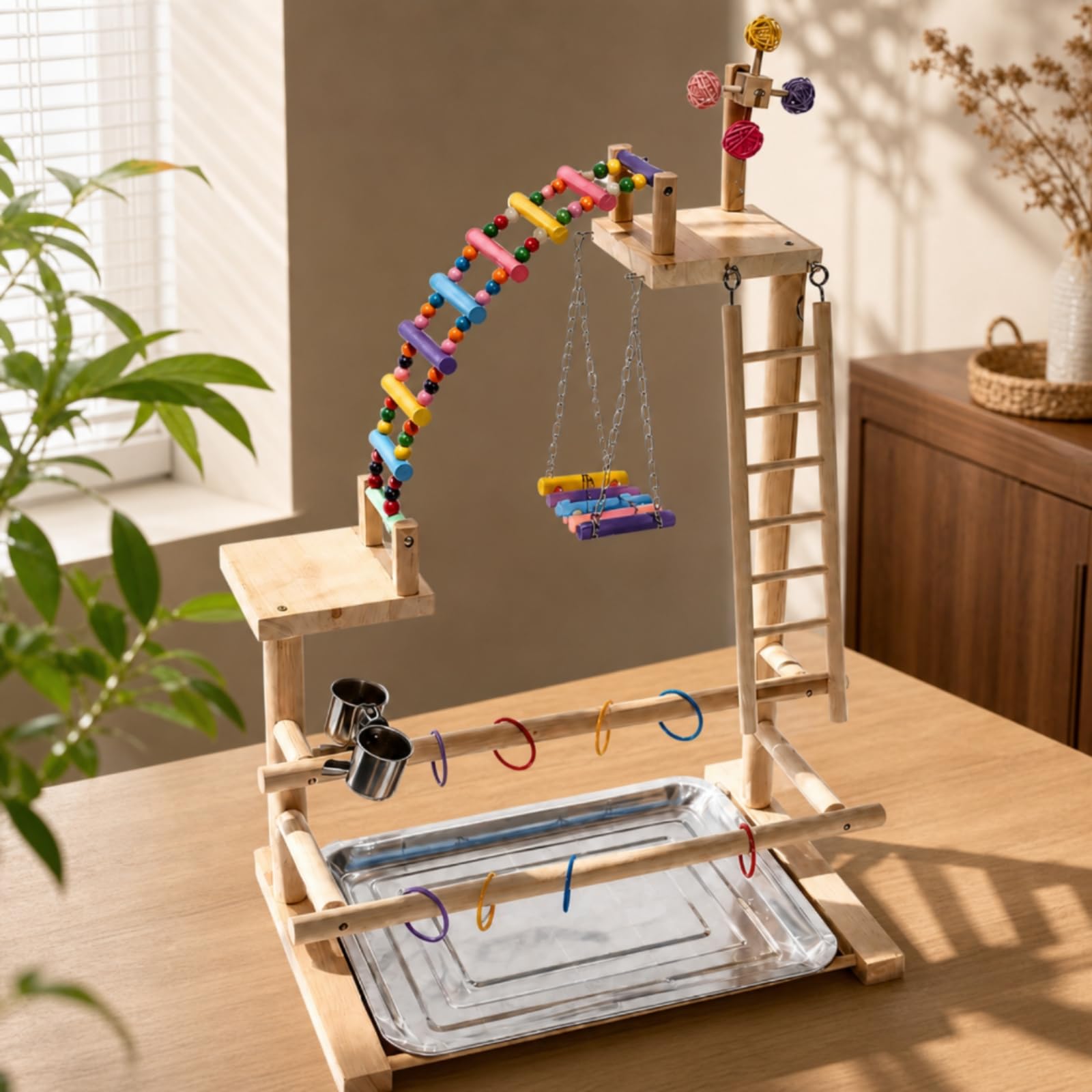 Trespolo in Legno con Altalena Multilivello Colorato per Pappagalli, Calopsite, Casa, Soggiorno
