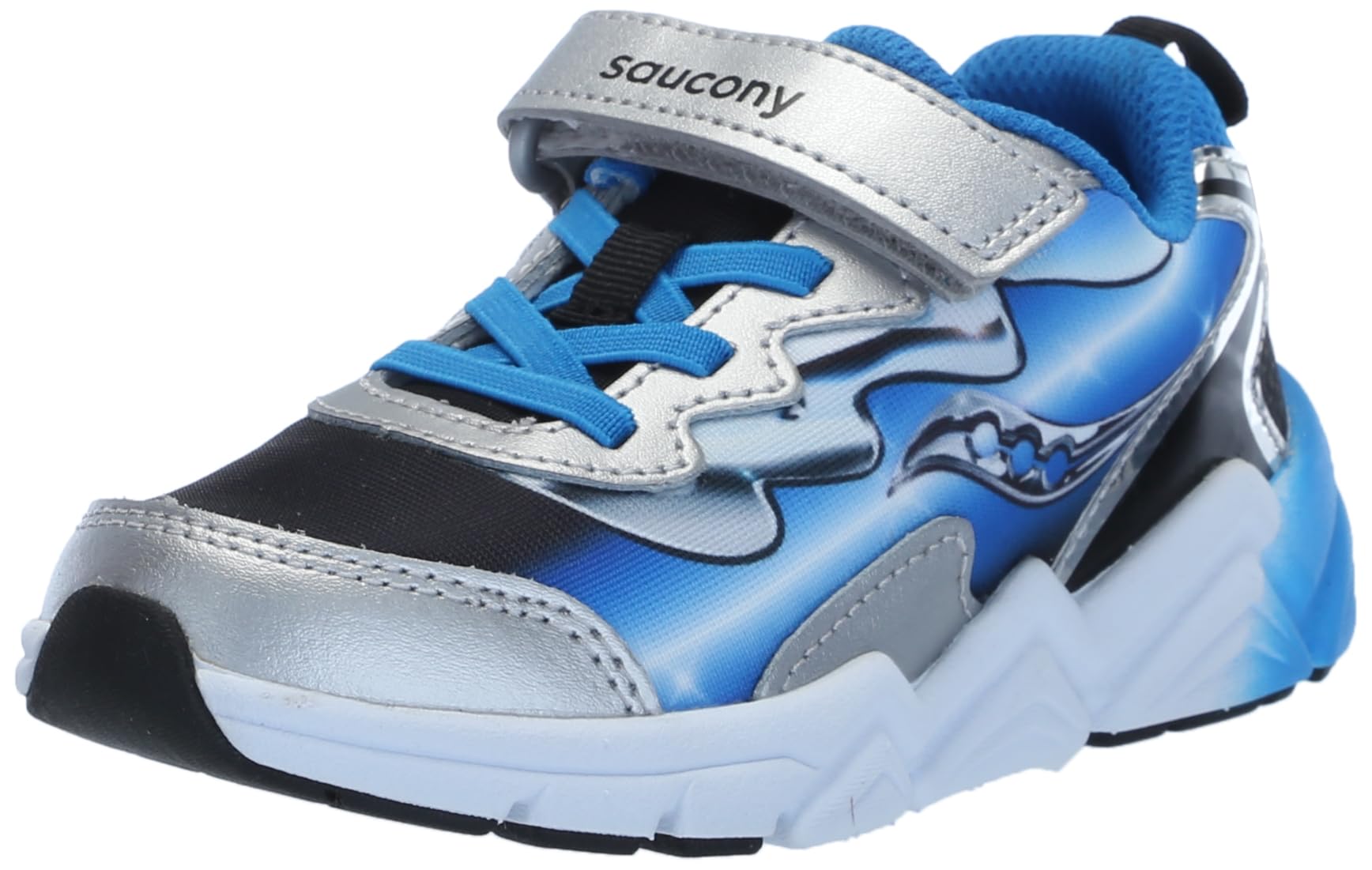 Saucony Flash Alternative Closure 3.0 Jr Sneaker, Black/Blue/Chrome, 4 Wide US Unisex Little_Kid