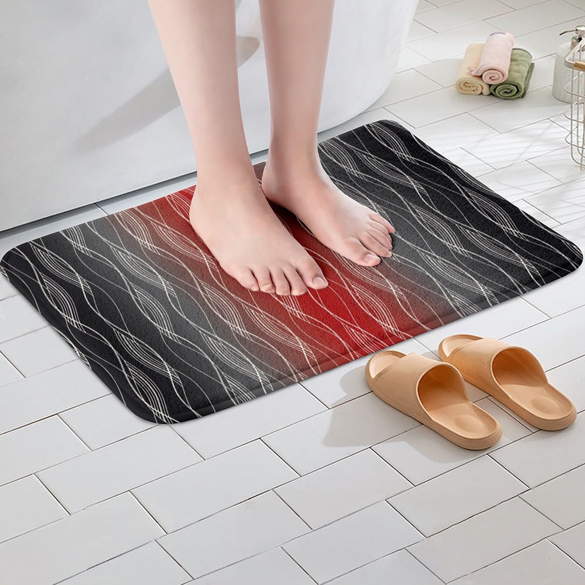 Erosebridal Black and Red 16"X24" Bath Mat for Boys Abstract Ombre Bathroom Rug for Kids Teen Geometric Gradient Door Mat Silver White Wavy Line