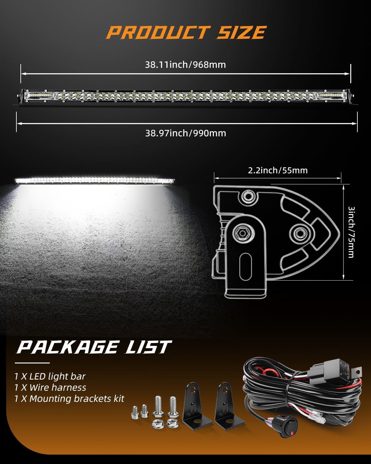 CO LIGHT LED Light Bar 38 inch 60W Spot & Flood Combo Beam Driving Light Bar - IP68 Waterproof Work Lightbar with Mounting Brackets & 6D Reflectors for Off-Road, Trucks, ATV, UTV, SUV, Pickup (38inch)