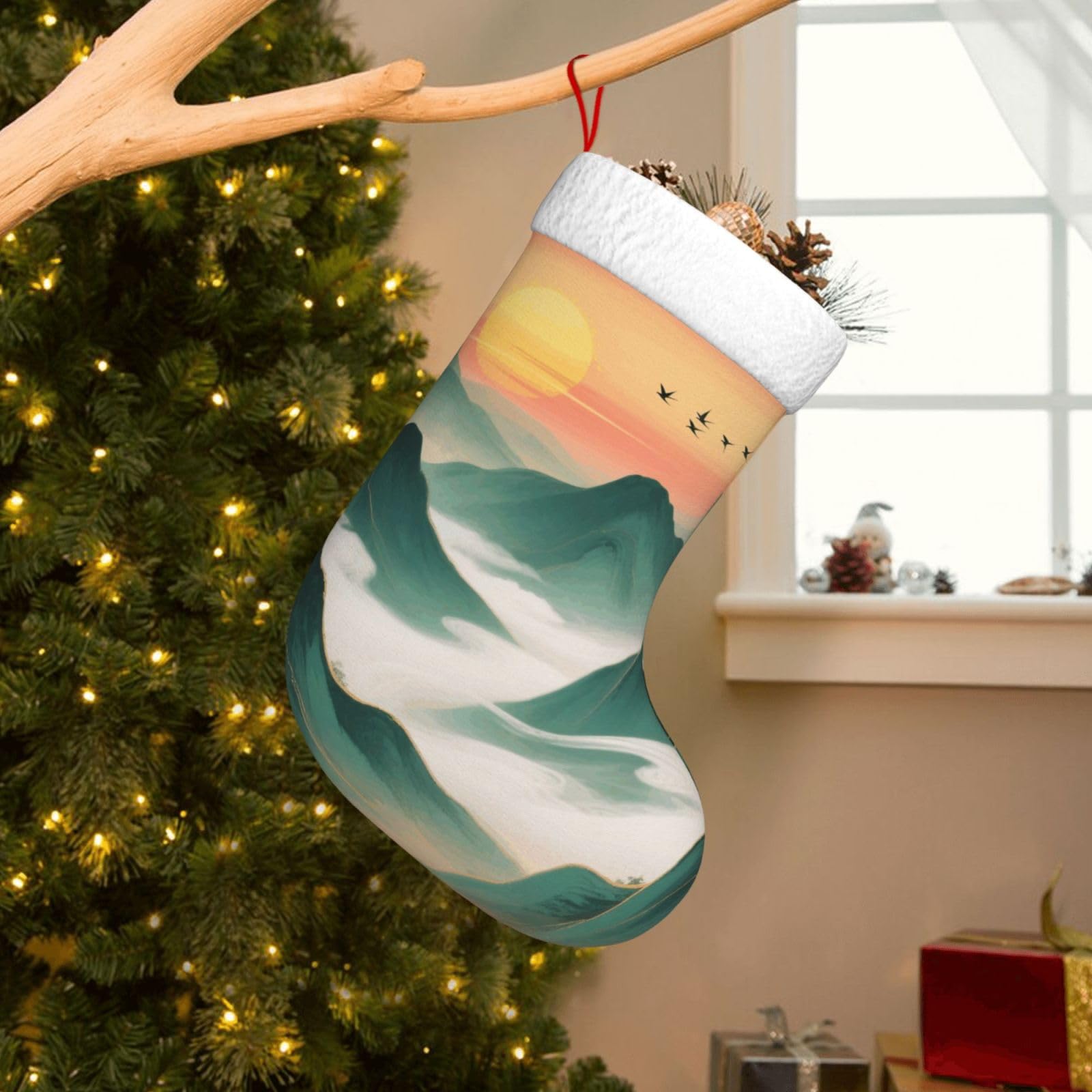 Velvet Christmas Stockings 17.7 Inch, Green Mountains by Sunset Xmas Stocking with Soft Cuff,Classic Personalized Christmas Tree Decoration for Family Holiday New Year Party Supplies